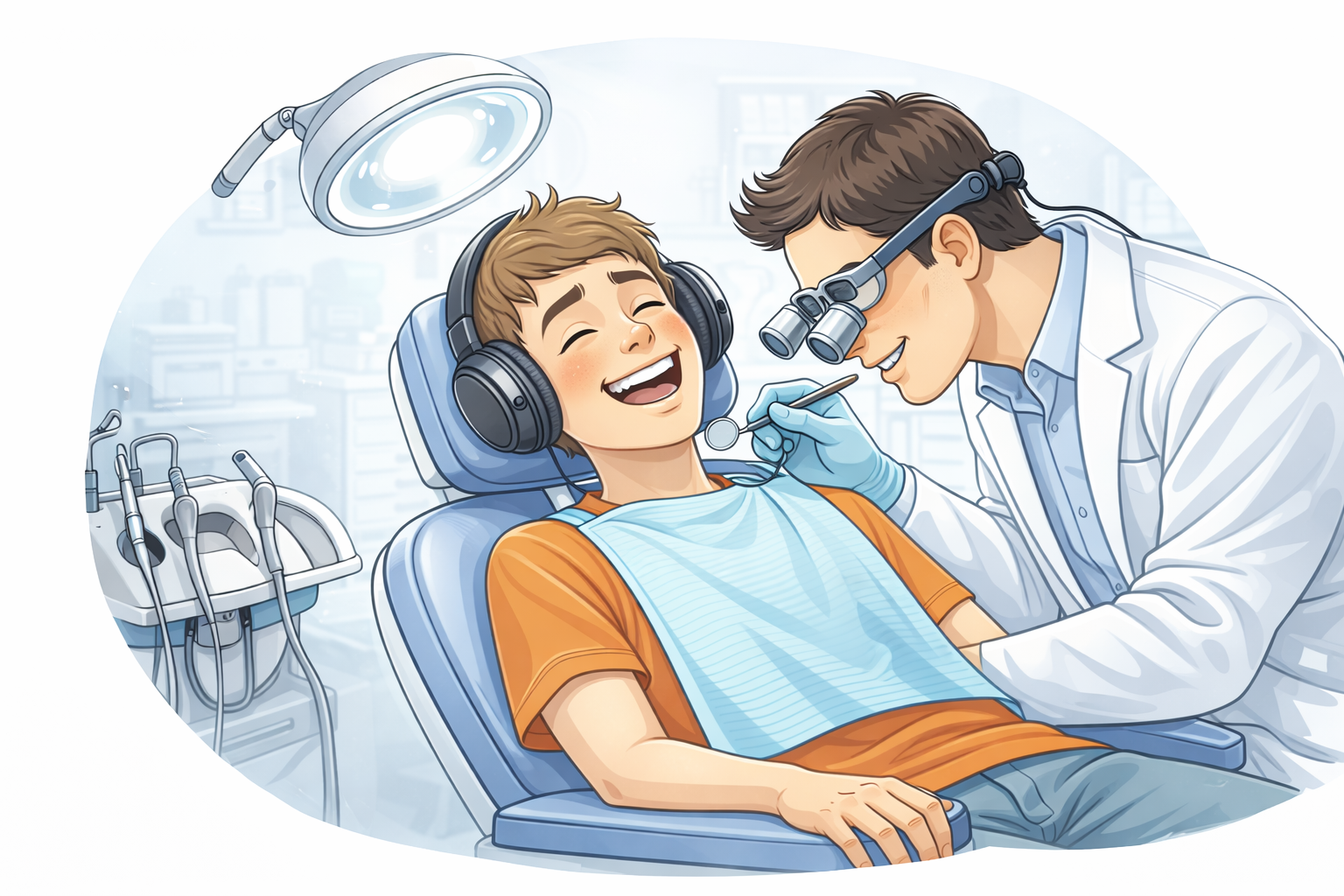 Ein Zahnarzt untersucht einen lachenden Jungen im Behandlungsstuhl. Der Junge trägt Kopfhörer, der Zahnarzt trägt eine Lupe und arbeitet mit zahnärztlichen Instrumenten in einer modernen Zahnarztpraxis.