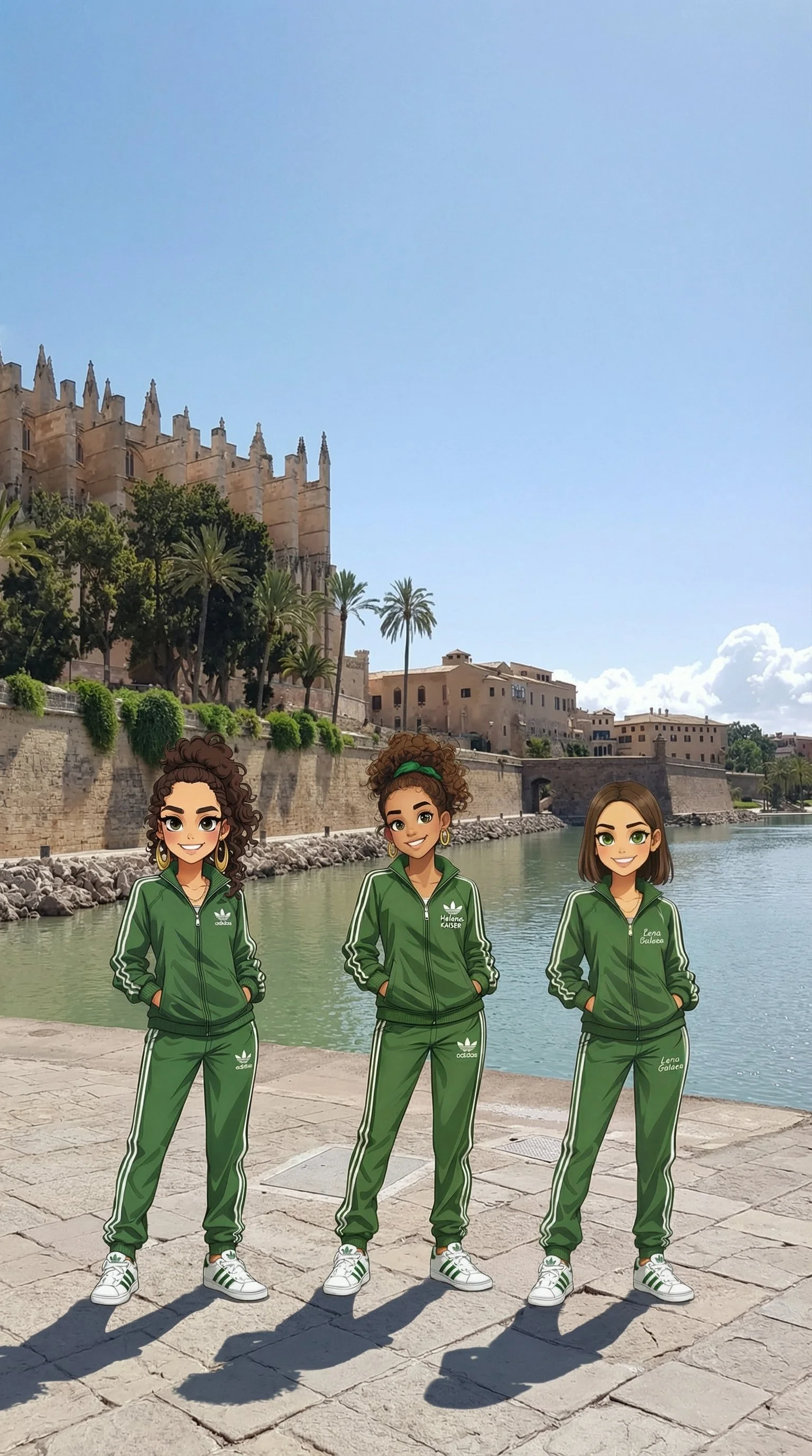 Drei cartoonartige Frauen in grünen Adidas-Trainingsanzügen stehen am Wasser vor der Kathedralen in Palma de Mallorca und Palmen.