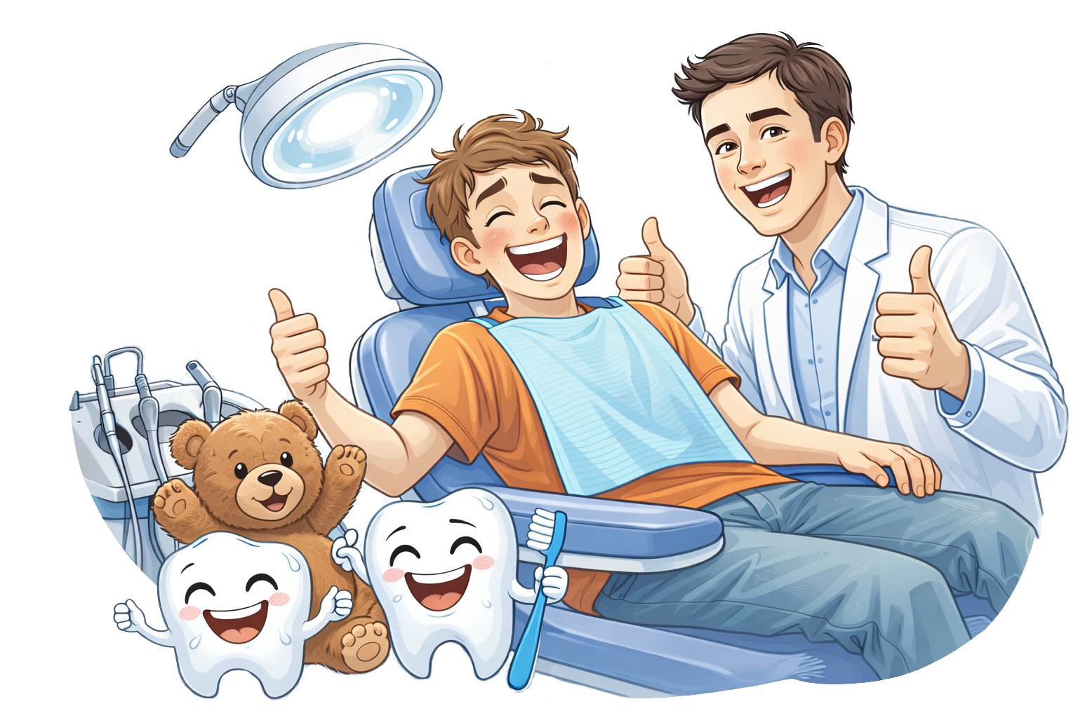 Ein glücklicher Patient liegt im Zahnarztstuhl, umgeben von einem lachenden Arzt, einem Teddybären, und zwei lachenden Zähnen mit Gesichtsausdrücken, in einer Zahnarztpraxis.