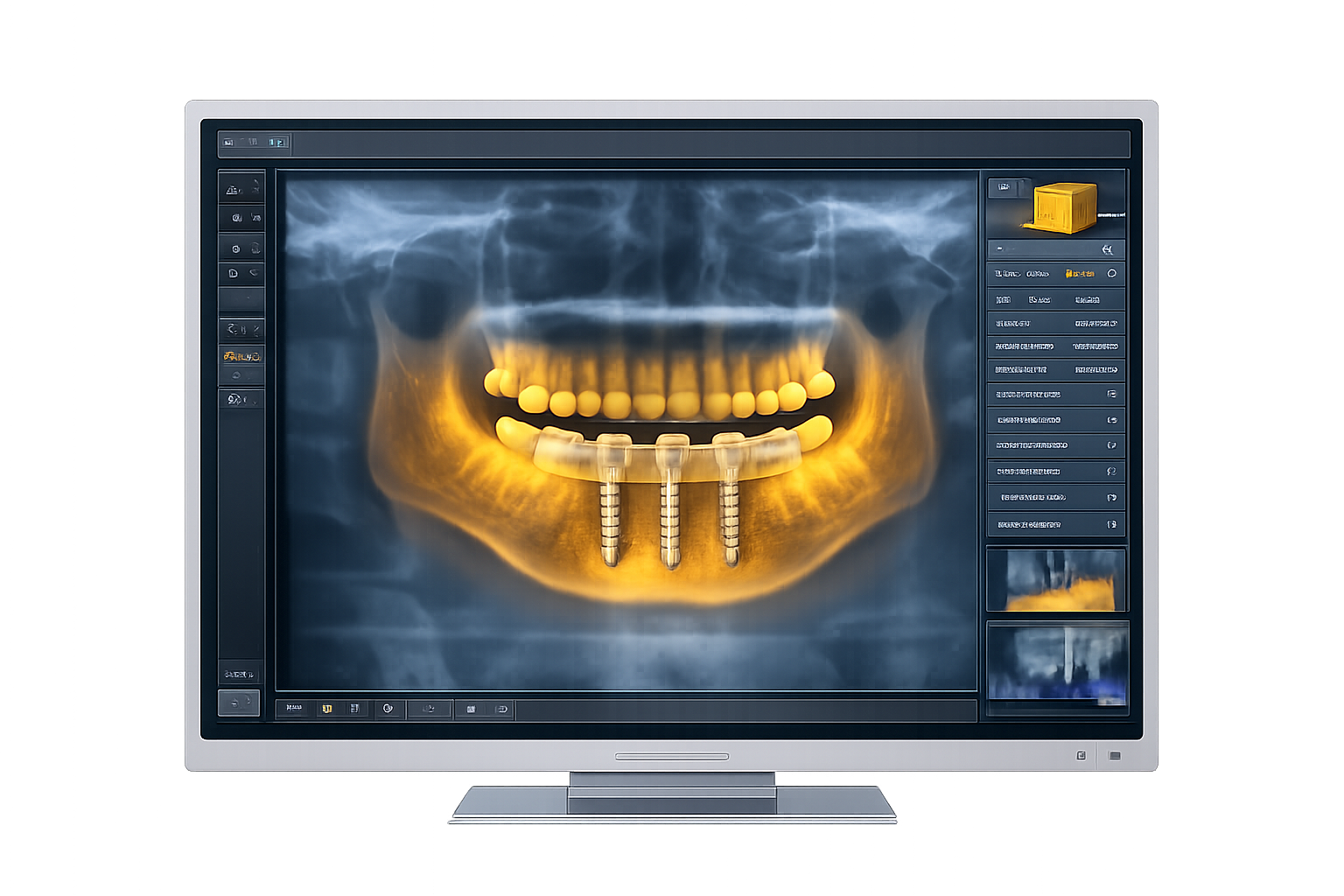 Digitales Röntgenbild eines menschlichen Kiefers mit Implantaten auf einem Computerbildschirm.