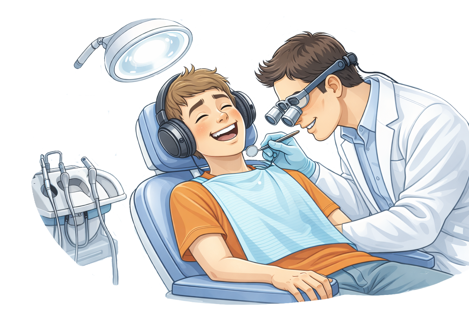 Ein lachender Junge sitzt auf einem Zahnarztstuhl, während ein Zahnarzt mit Lupe und Handschuhen ihn behandelt. Der Junge trägt Kopfhörer und hat eine Zahnspange, die Behandlung erfolgt im Dentalraum mit zahnärztlicher Ausrüstung.