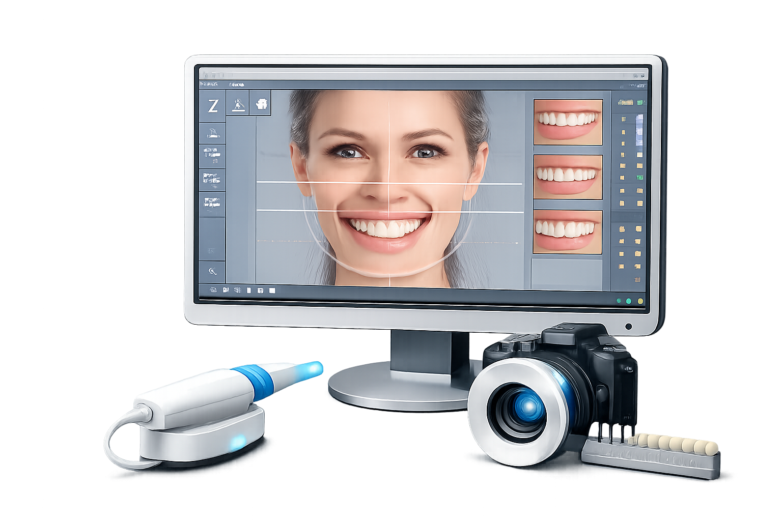 Monitor zeigt ein Lächeln einer Frau, Dentalinstrumente und Kamera für Zahnmedizin an einer digitalen Zahnbehandlungssoftware.