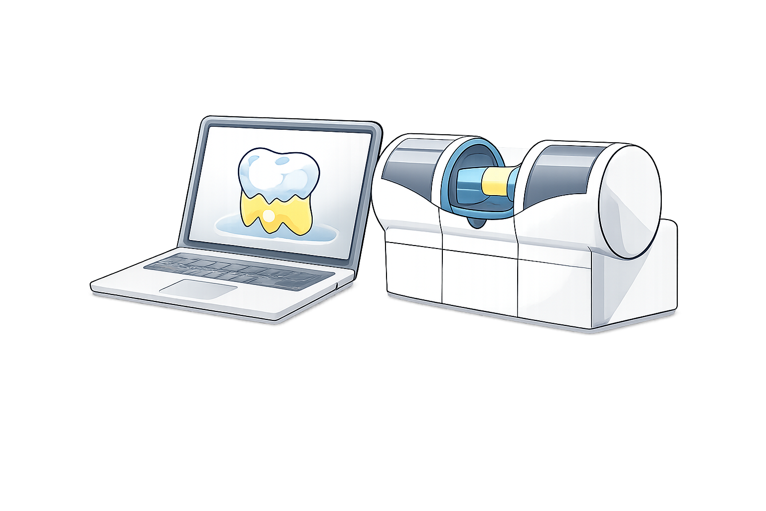 Illustration eines Computers, der ein Bild eines Zahns auf dem Bildschirm zeigt, verbunden mit einem 3D-Drucker, der einen Zahn herstellt.