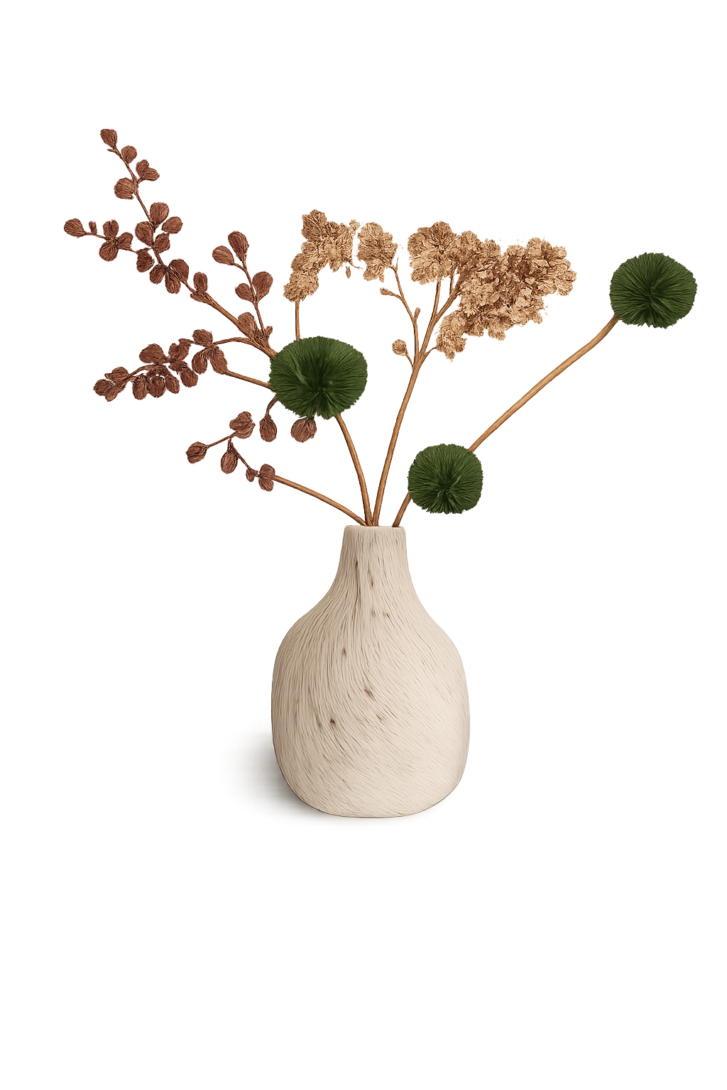 Eine weiße Vase mit einer Struktur, die an Holz erinnert, enthält trockene Blumen und grünes Moos. Der Hintergrund ist neutral, das Gesamtbild wirkt minimalistisch und stilvoll.