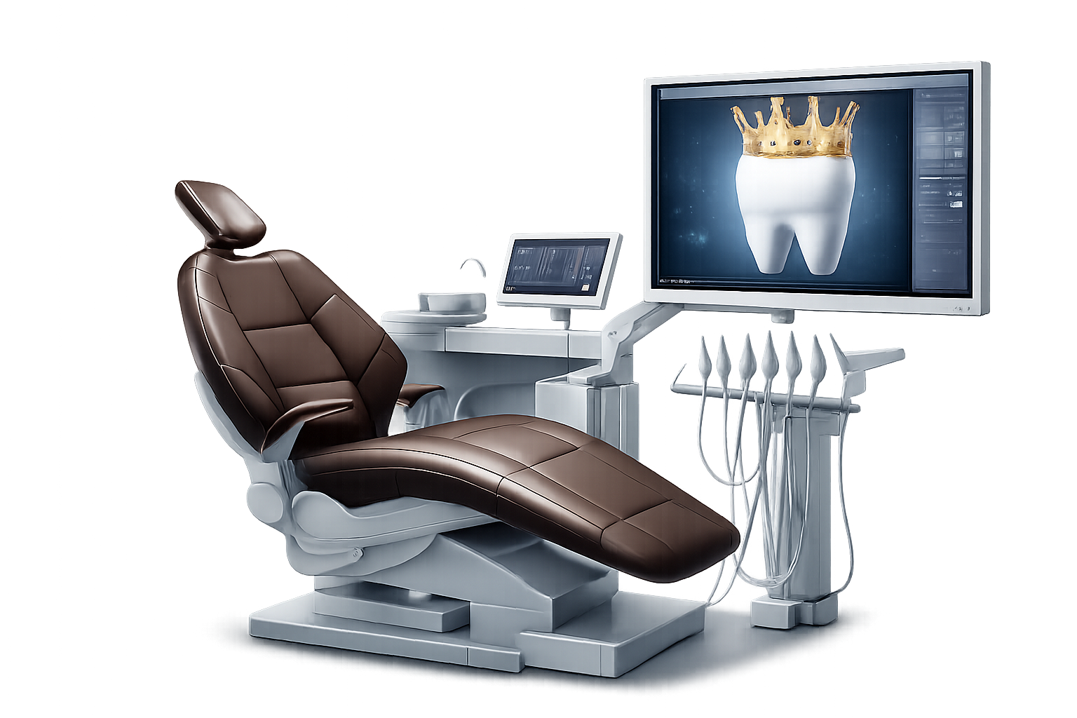 Ein moderner Zahnarztstuhl in einem Behandlungszimmer mit medizinischen Geräten und einem Bildschirm, auf dem ein Zahn mit einer Krone angezeigt wird.