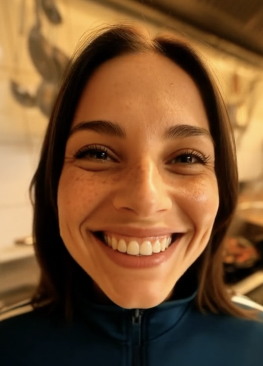 Lächelnde junge Frau mit braunen Haaren und dunkler Jacke.