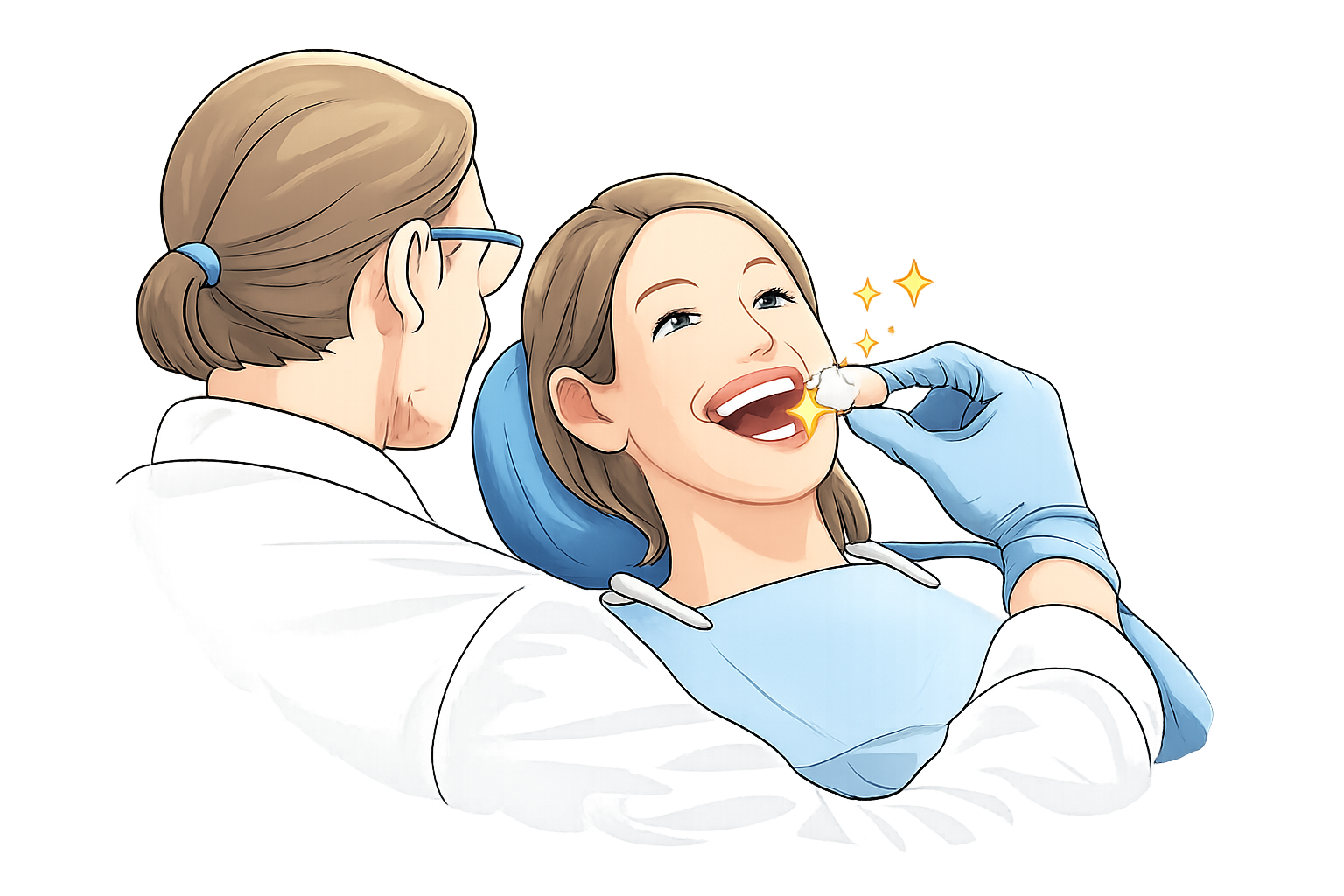 Eine zahnärztliche Behandlung, bei der ein Zahnarzt eine Patientin im Behandlungsstuhl untersucht, während sie lächelnd ins Licht schaut.