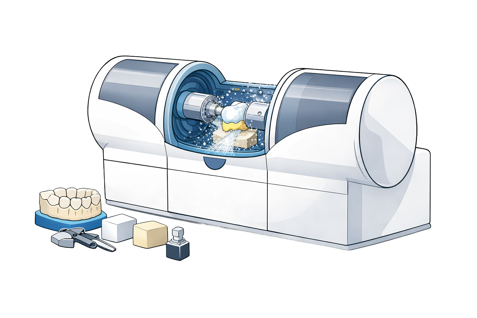 Ein kieferorthopädischer Scanner mit Kronenmodellen und Zahnpflegeutensilien
