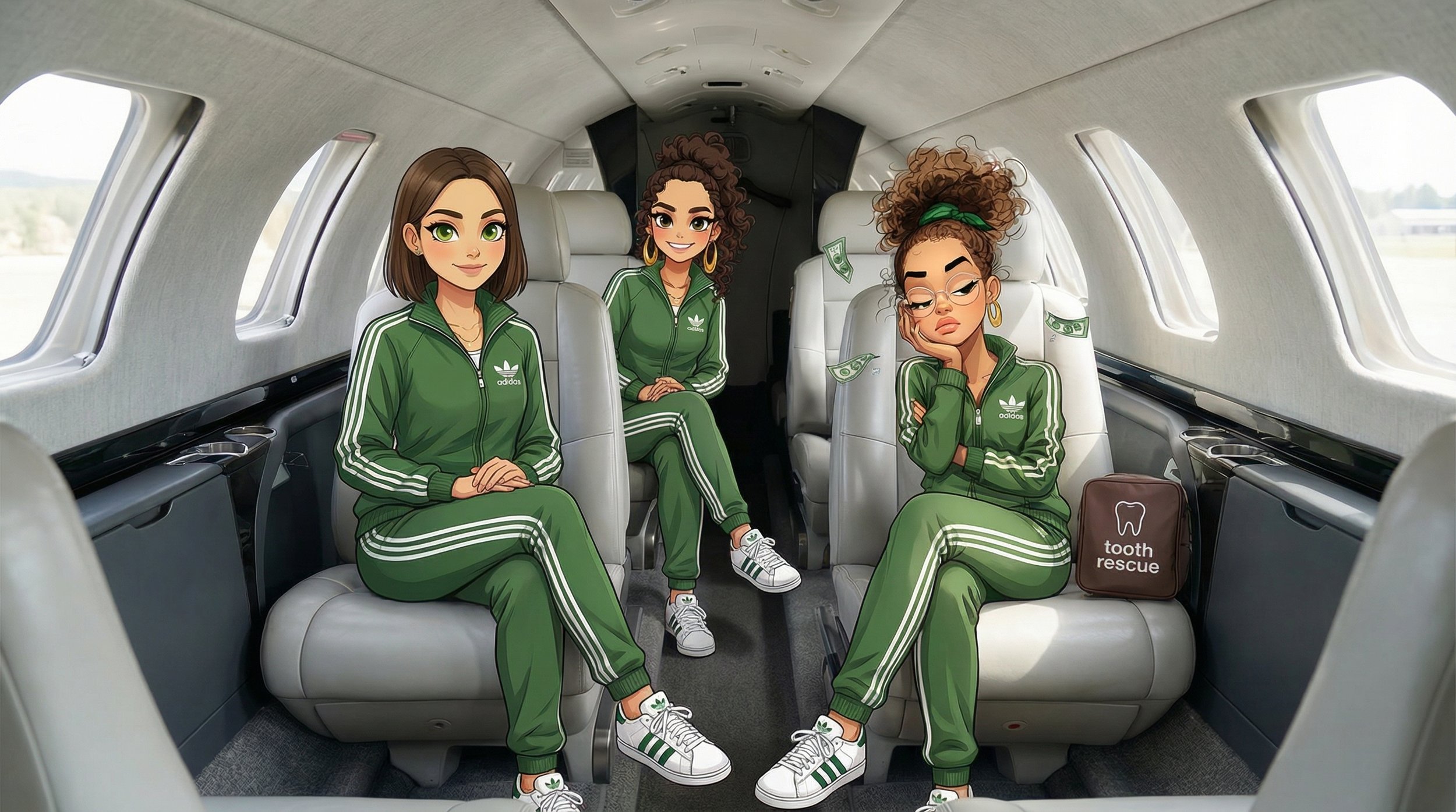 Drei cartoonartige Frauen in grünen Adidas-Trainingsanzügen sitzen in einem Privatjet. Eine schaut gelangweilt, die andere schaut glücklich, die dritte sieht desinteressiert aus. Es gibt einen Zahnrettungskoffer auf einem Sitz, mit der Aufschrift 'to