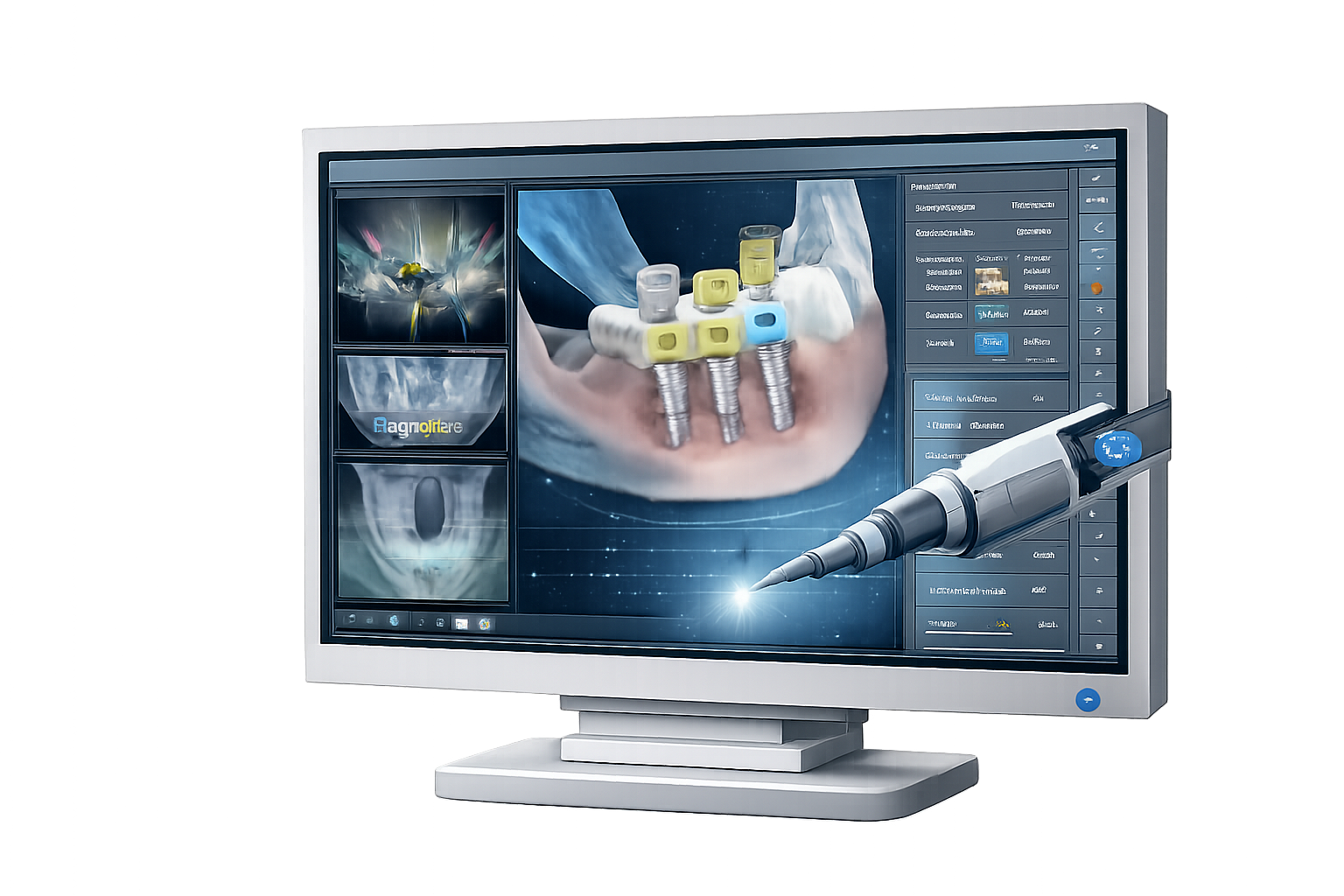 Computermonitor zeigt digitale Dentalimplantatplanung mit 3D-Rendering von Implantaten und einer zahnärztliche Softwareoberfläche, Begleitet von einem 3D-Diagnostik-Werkzeug.