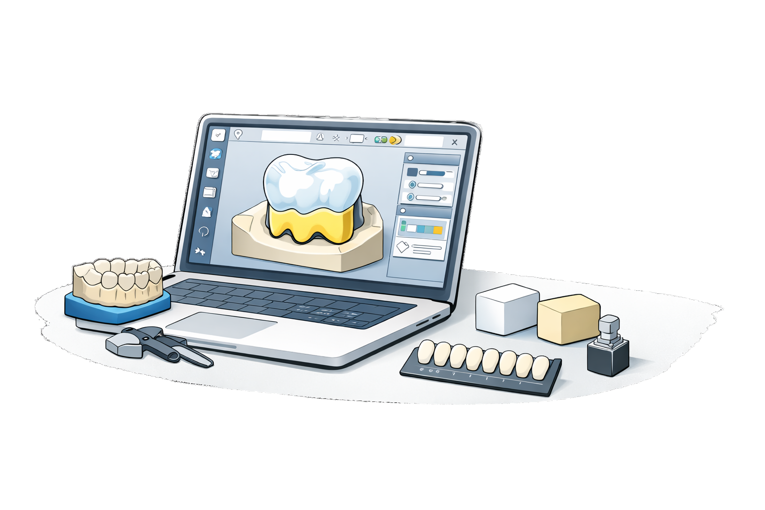 Digitales Design eines Zahns auf einem Laptop-Bildschirm, umgeben von Modellzahnpasten, Prothesen, Werkzeugen und Farben im Zahnarztkomfort.
