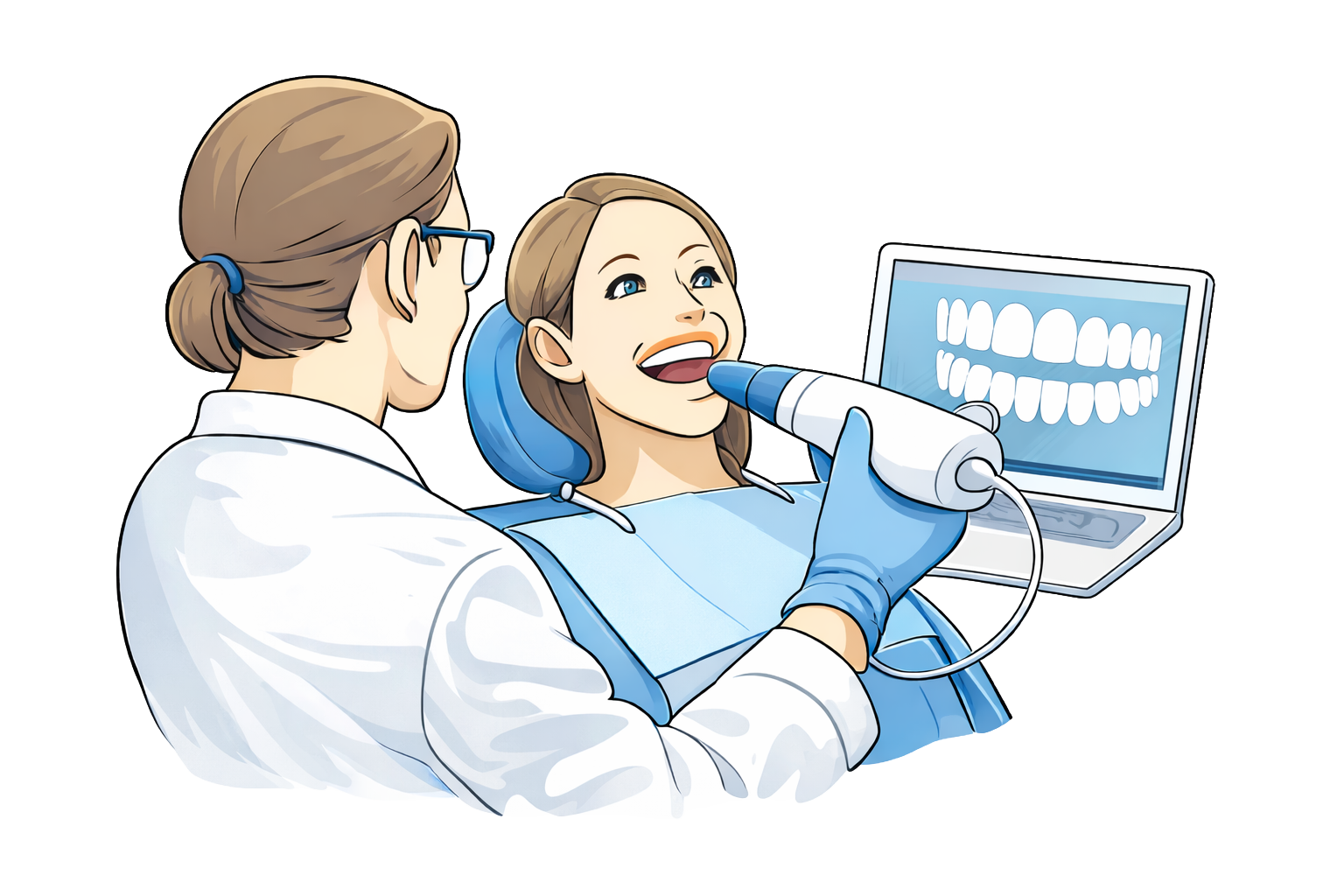 Zahnarzt führt eine Zahnarztuntersuchung bei einer Patientin mit einem intraoralen Röntgengerät durch, das ein digitales Röntgenbild der Zähne auf einem Monitor zeigt.