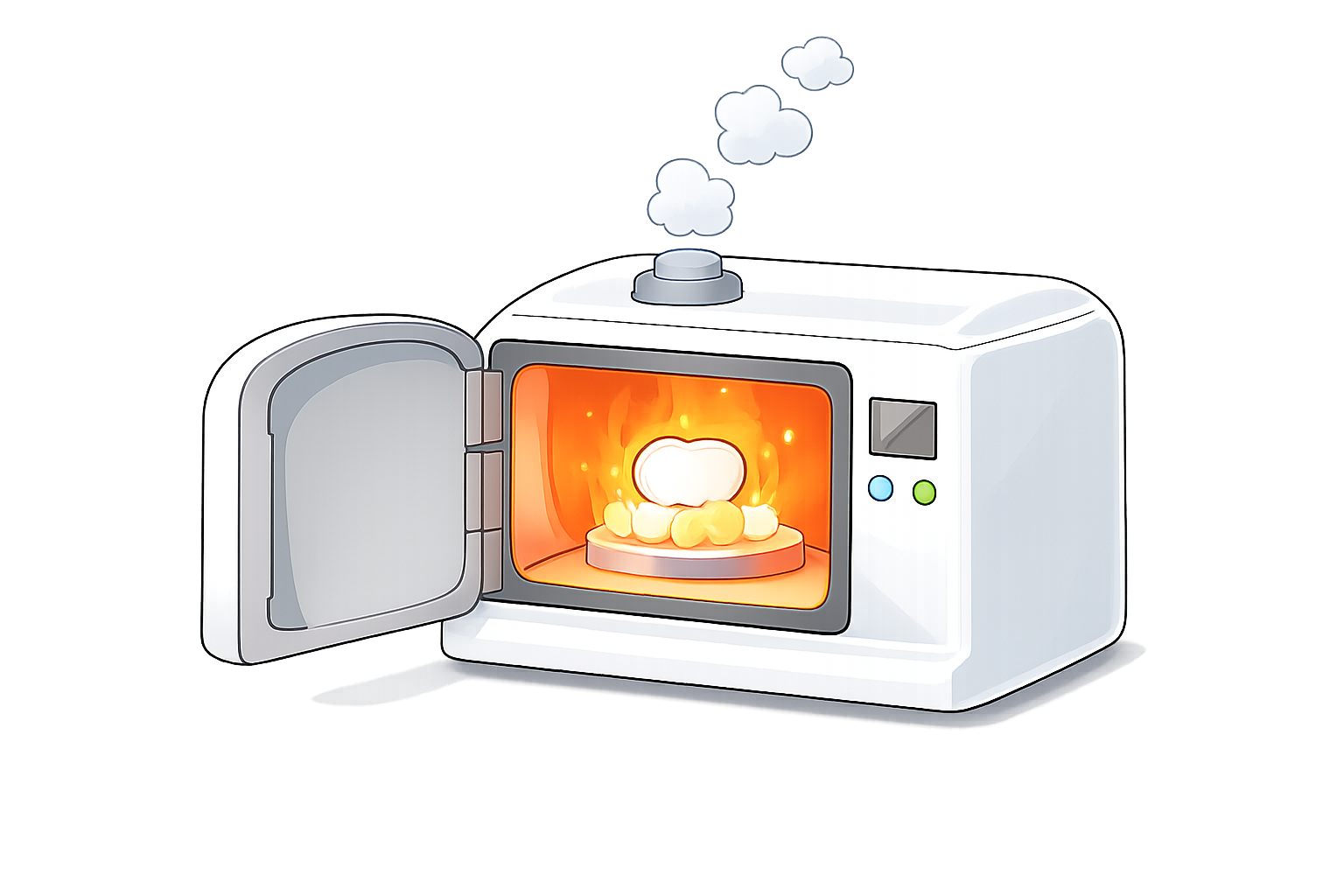 Ein Mikrowellenofen mit offenem Tür, der Essen erhitzt. Im Inneren ist eine dampfende Mahlzeit mit Dampf, der nach oben steigt, sichtbar.