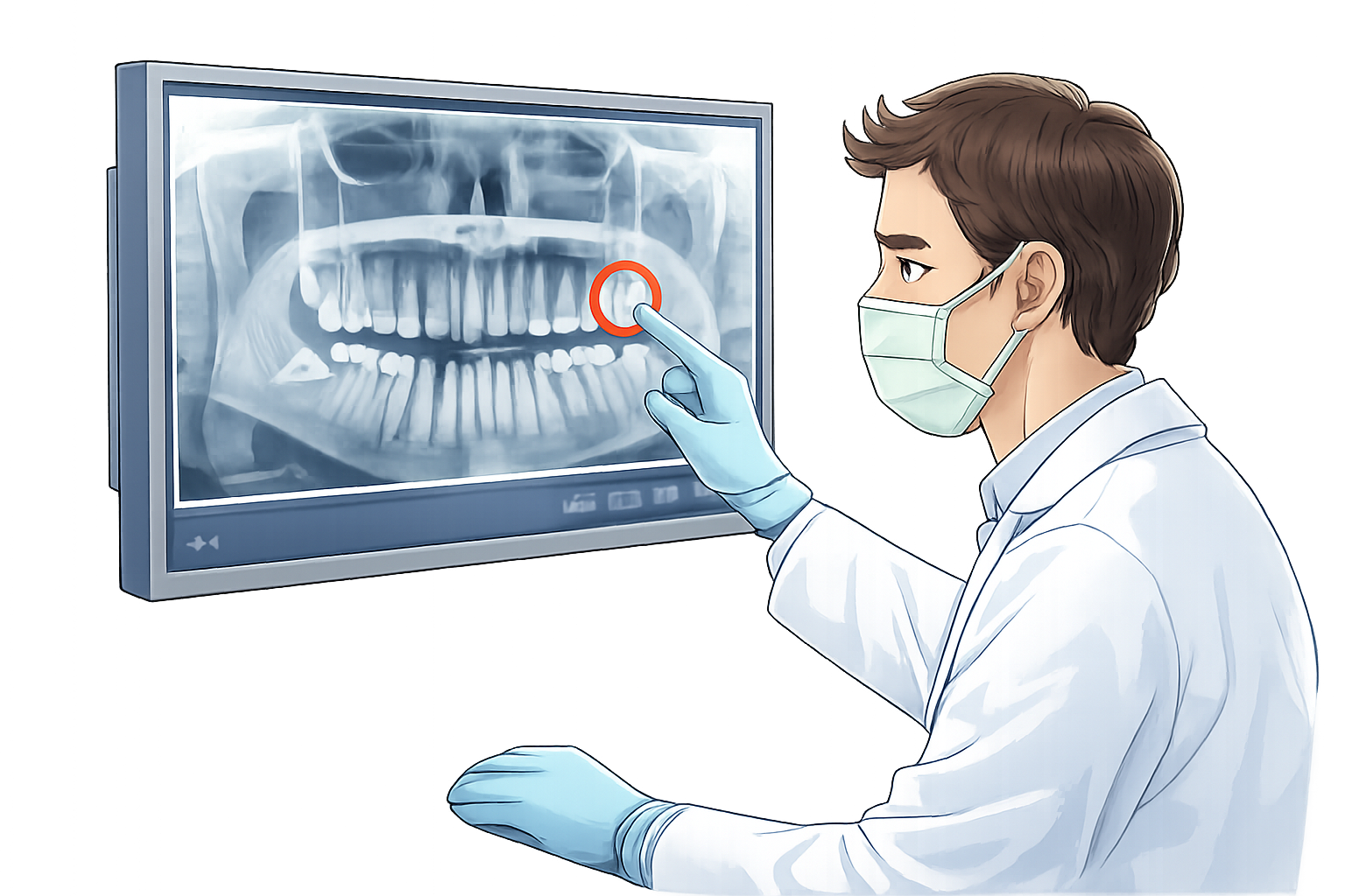 Ein Zahnarzt untersucht ein Röntgenbild eines menschlichen Kiefers am Bildschirm, während er eine Maske und Handschuhe trägt.