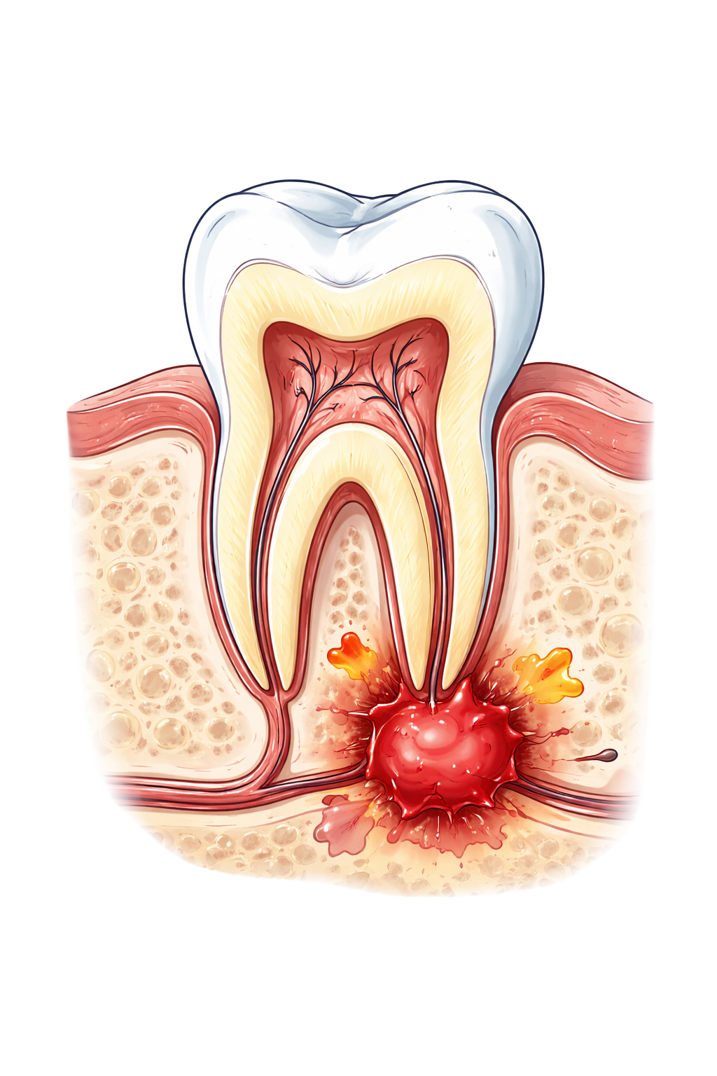 Ansicht eines entzündeten Zahns mit Karies, Entzündung im Zahnfleisch und perpetuierenden bakteriellen Infektion im Zahnwurzelbereich.