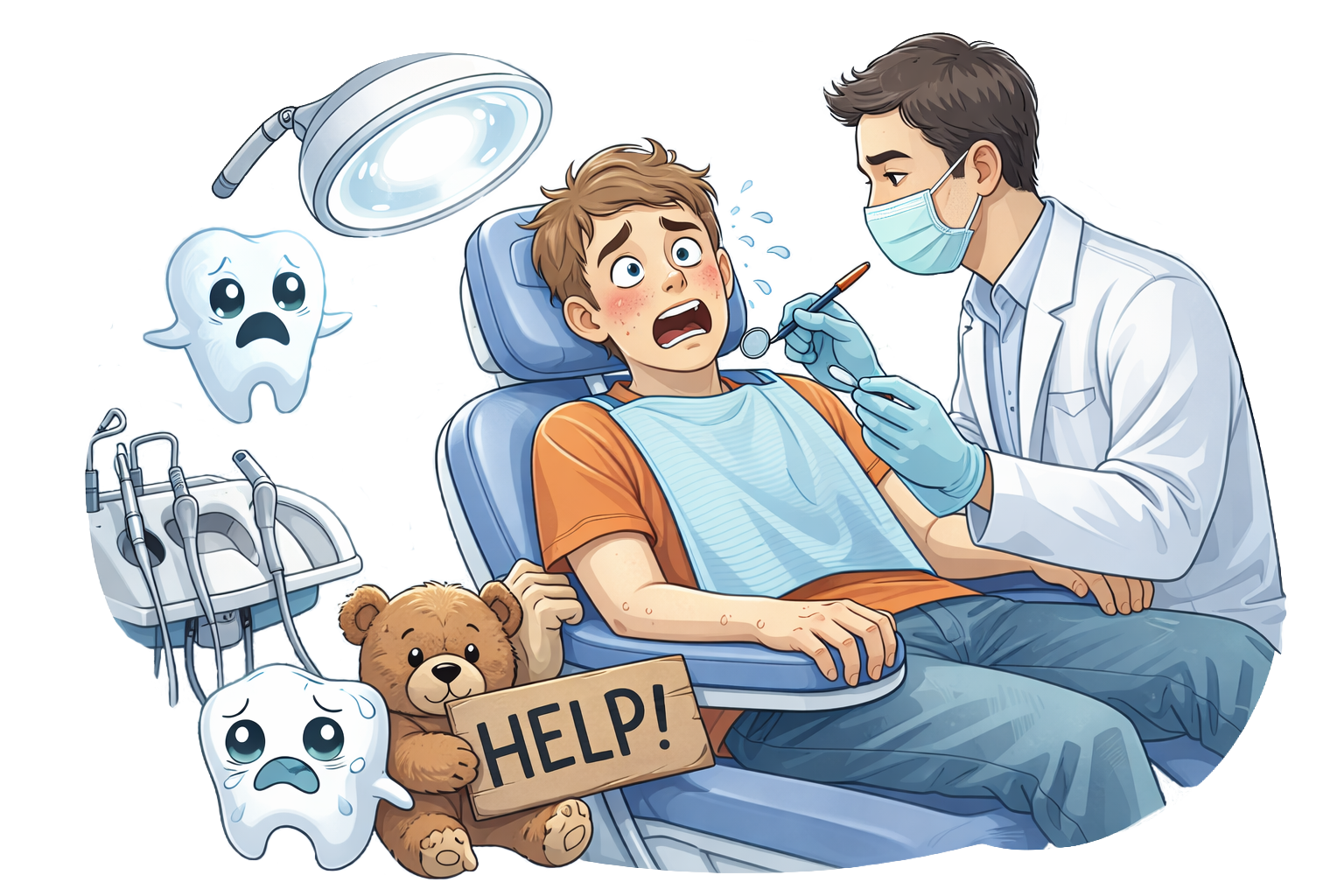 Ein  liegt ängstlich im Zahnarztstuhl, während ein Zahnarzt ihn mit einem Dentalwerkzeug untersucht. Im Hintergrund sind Tonschäden und zwei besorgte Zähne, sowie ein Teddy mit einem 'HELP!'-Schild, um die Angst vor dem Zahnarztbesuch zu symbolisieren.
