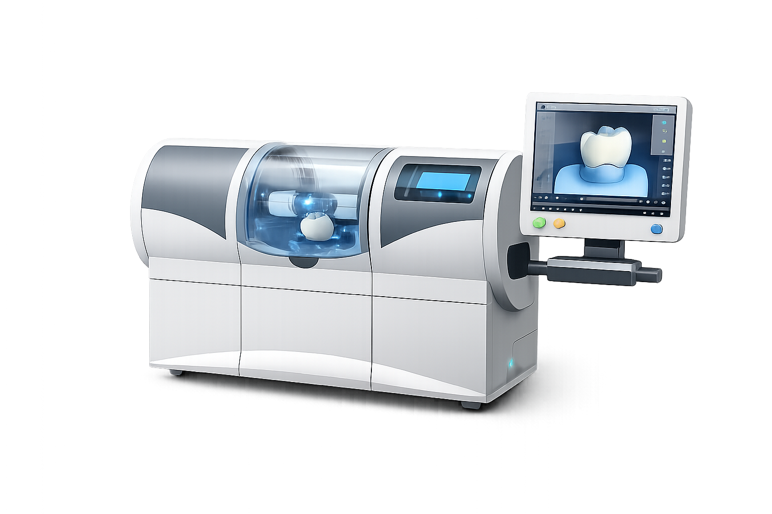 Ein zahnärztliches 3D-Scangerät mit Monitor, das einen Zahn modelliert.