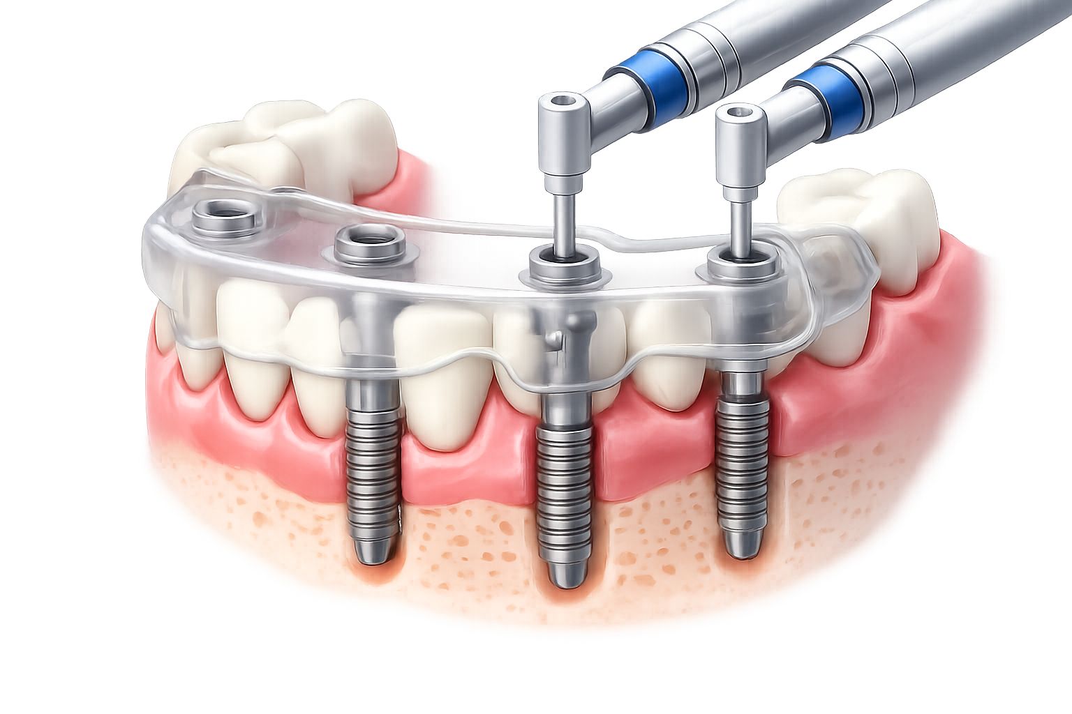 Grafik einer Zahnimplantat-Operation mit mehreren Implantaten, einer transparenten Kiefer-Oberschiene und einer technischen Bohrmaschine, die in den Kiefer eindringt.