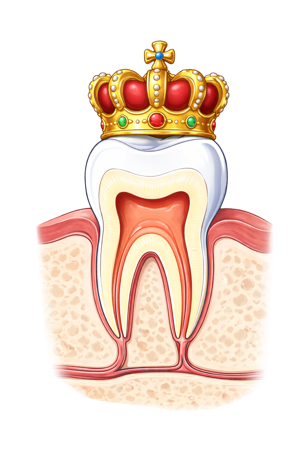 Diagramm eines Zahns mit Krone auf dem Zahnkronen-Teil, der auf das Zahnfleisch und den Kieferknochen zeigt.