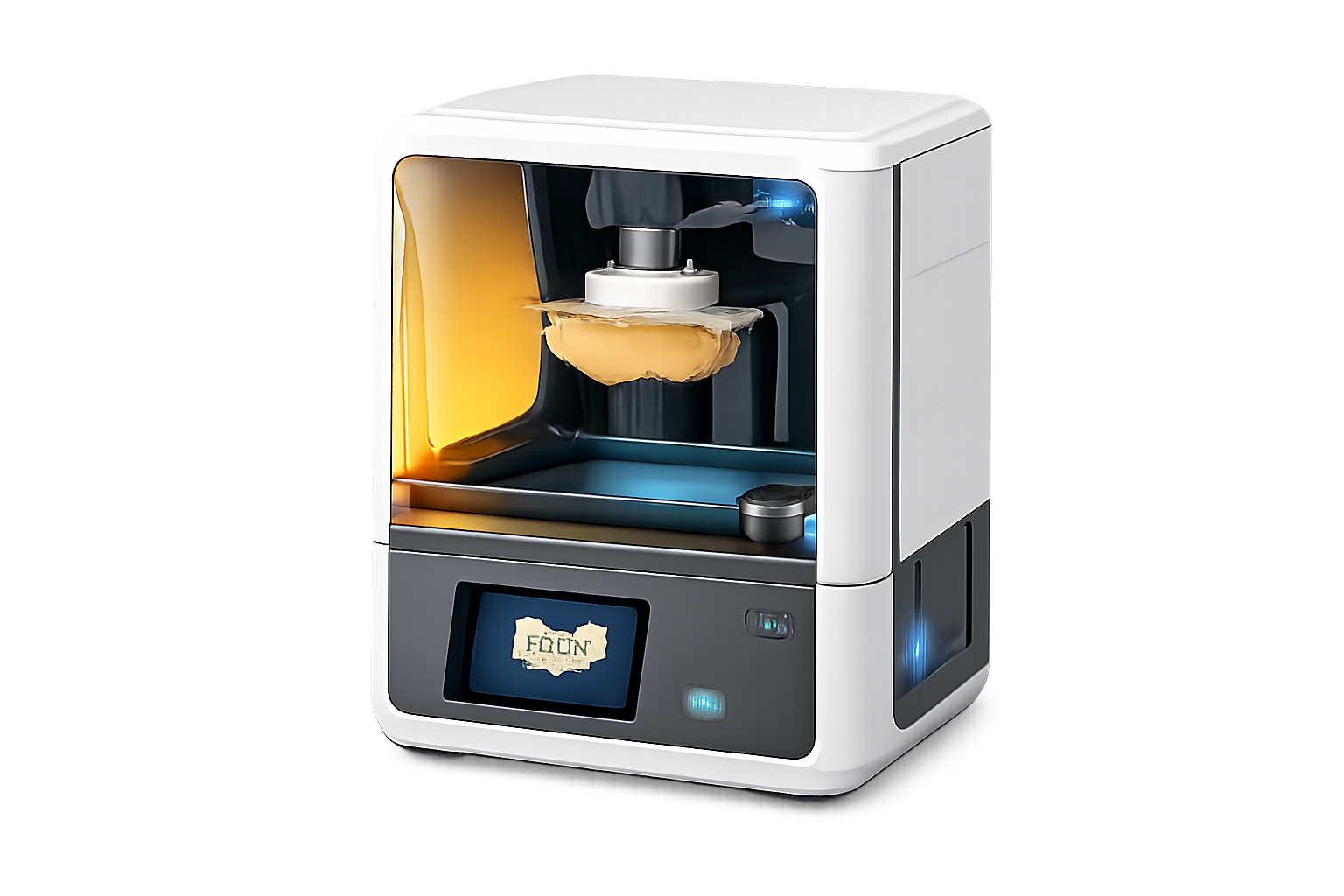 Ein 3D-Drucker, der gerade ein Objekt druckt, das wie eine Kartoffel aussieht, vor einem schwarzen Hintergrund.