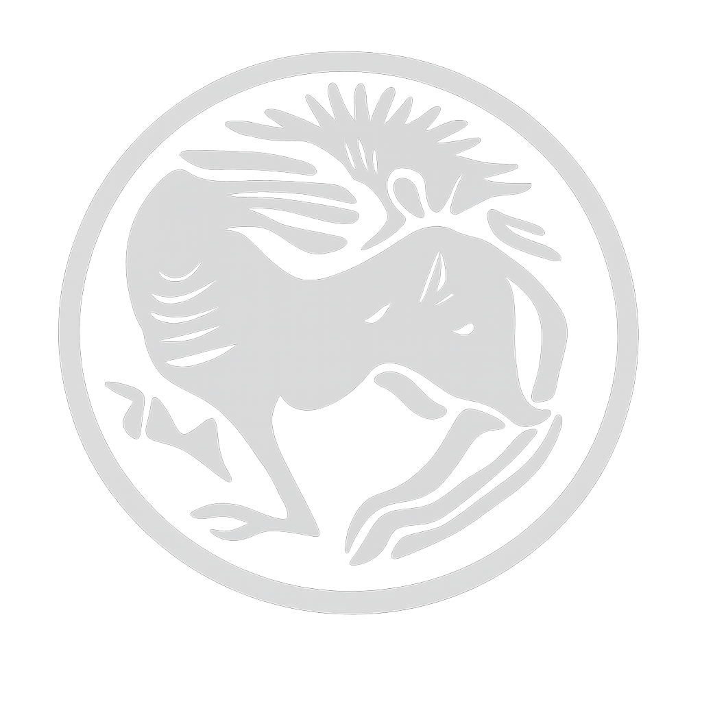 Ein stilisiertes Logo eines Dinosauriers, vermutlich eines Triceratops, in Schwarz und Weiß mit einem runden Rahmen.