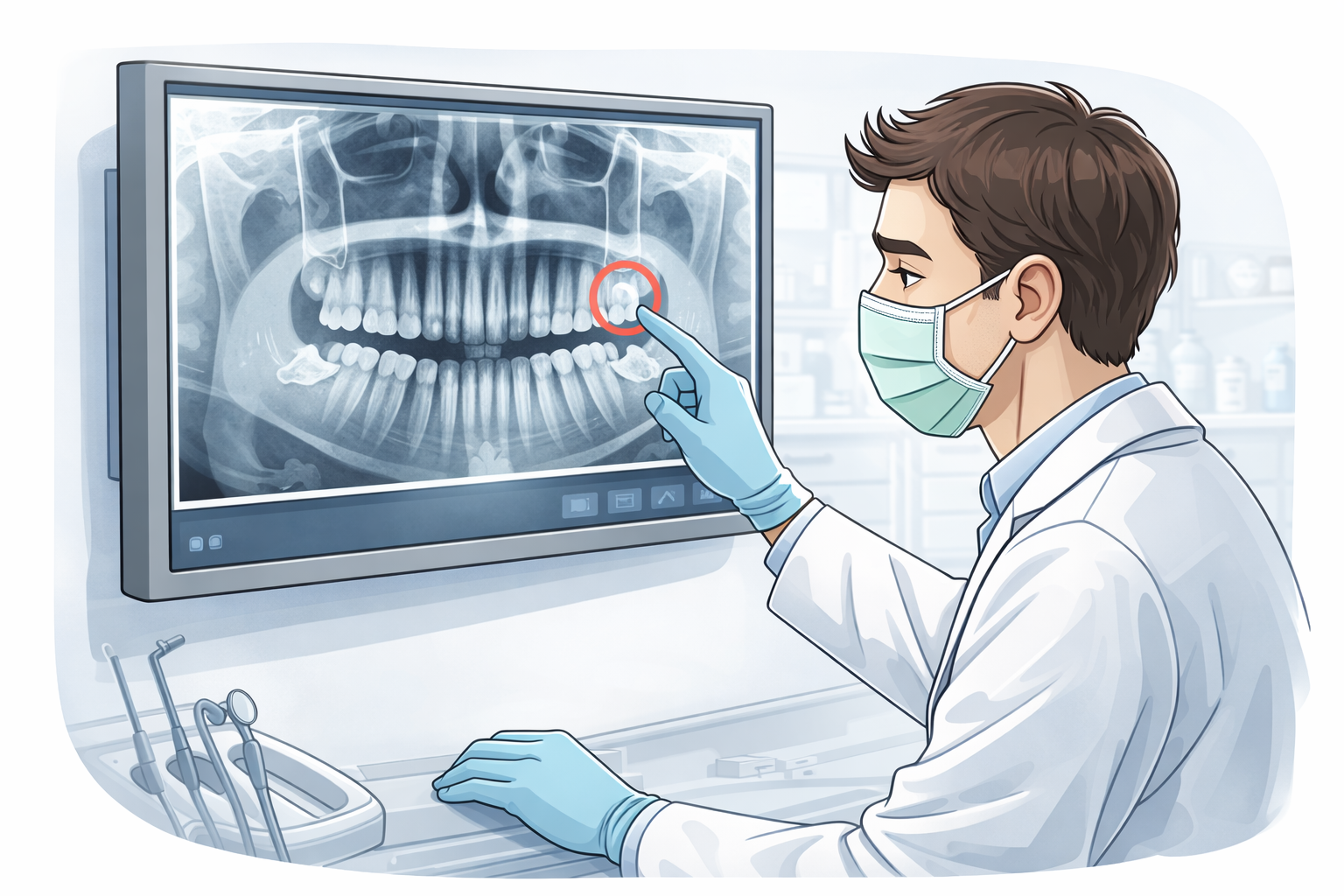 Zahnarzt untersucht ein Röntgenbild des Mundes auf einem Bildschirm, während er einen Zahn markiert.