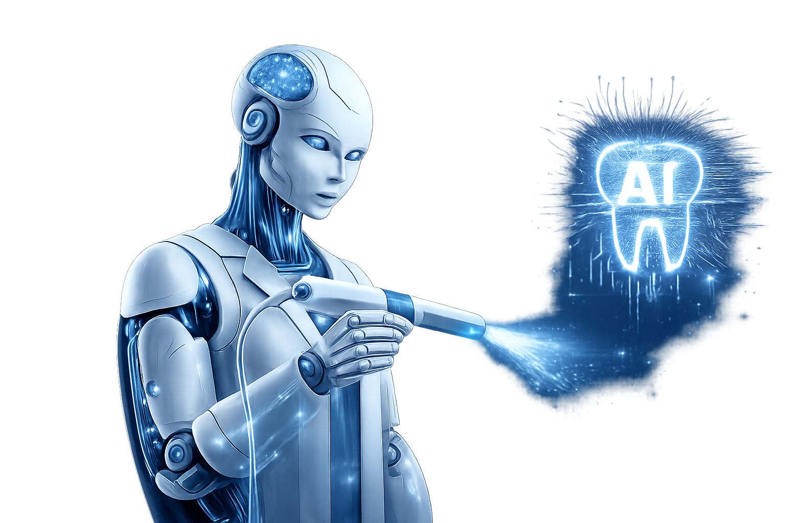Eine futuristische Roboterfrau mit blauer Haut und weißen Elementen, die mit einem Laserstrahl auf ein digitales Zahn-Symbol mit den Buchstaben 'AI' schießt.