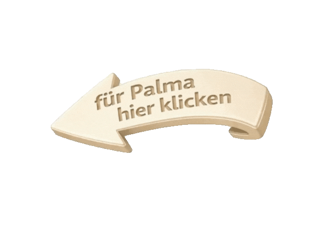 Ein dekoratives Holzschild in Pfeilform mit der Aufschrift 'für Palma hier klicken'.