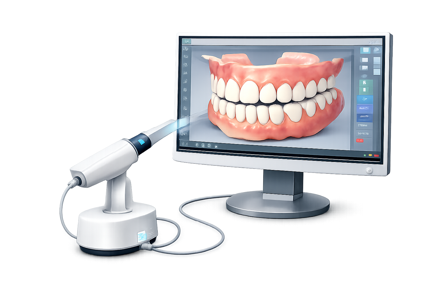 Digitales Zahnarzt-Scan-Gerät zeigt 3D-Darstellung eines Gebisses auf einem Bildschirm.