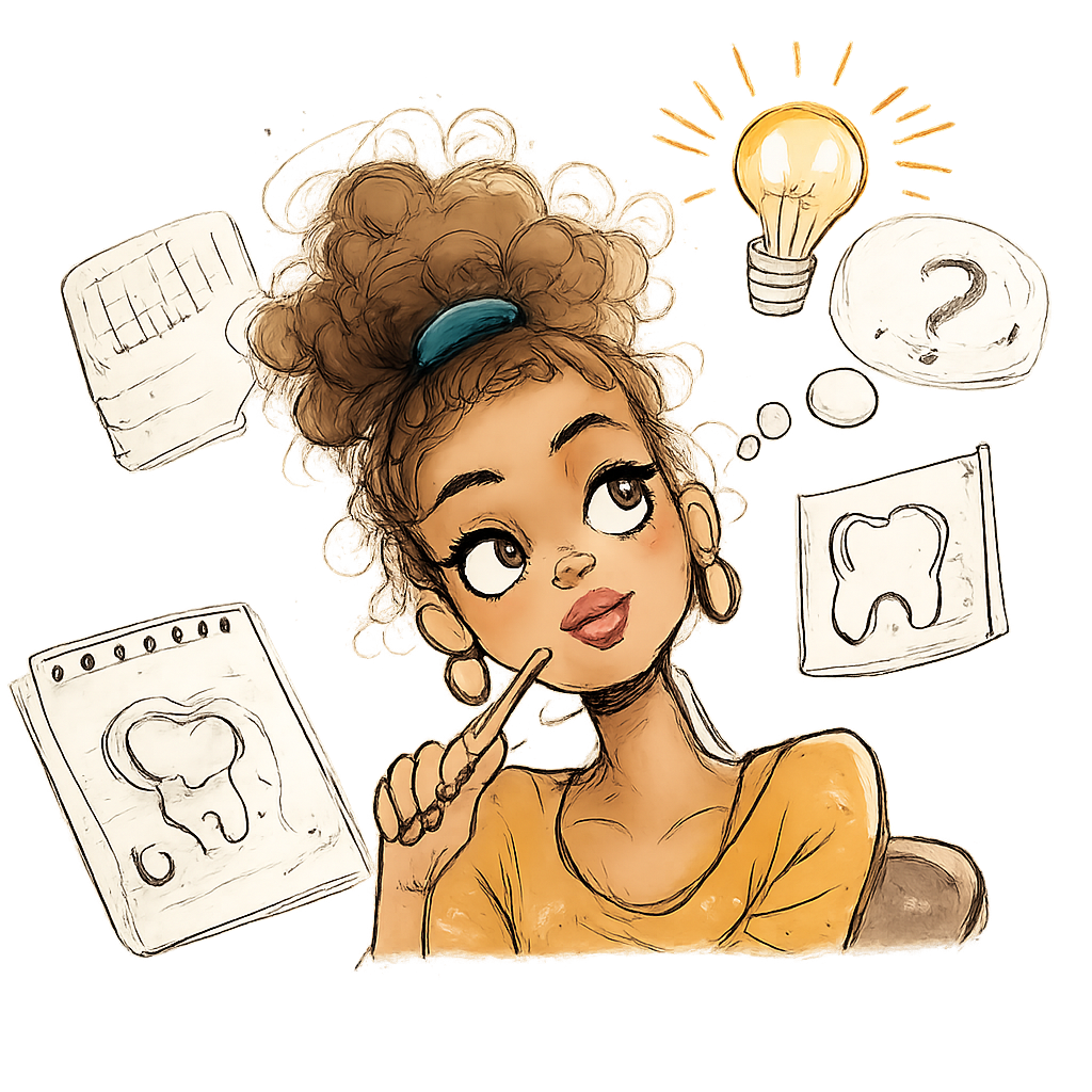 Eine junge Frau mit braunen, lockigen Haaren, die an ihren Gedanken arbeitet. Sie hat einen Stift in der Hand, trägt ein gelbes Oberteil und überlegt, mit Skizzen von Zahnärztlichen Bildern, einem Zahn, einer Glühbirne und einem Fragezeichen, umgeben.