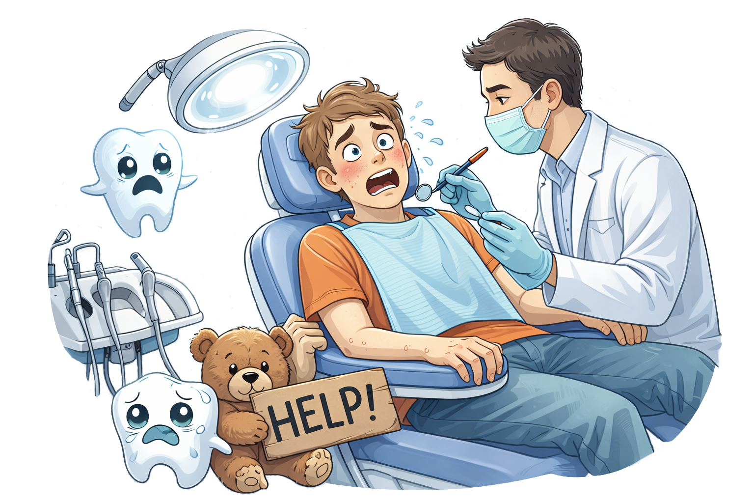 Ein Junge liegt auf einem Zahnarztstuhl mit einem ängstlichen Ausdruck, der Arzt trägt eine Maske und arbeitet an seinem Zahn. Es gibt traurige Zähne und Bären mit einem Hilfeschrei-Schild im Hintergrund