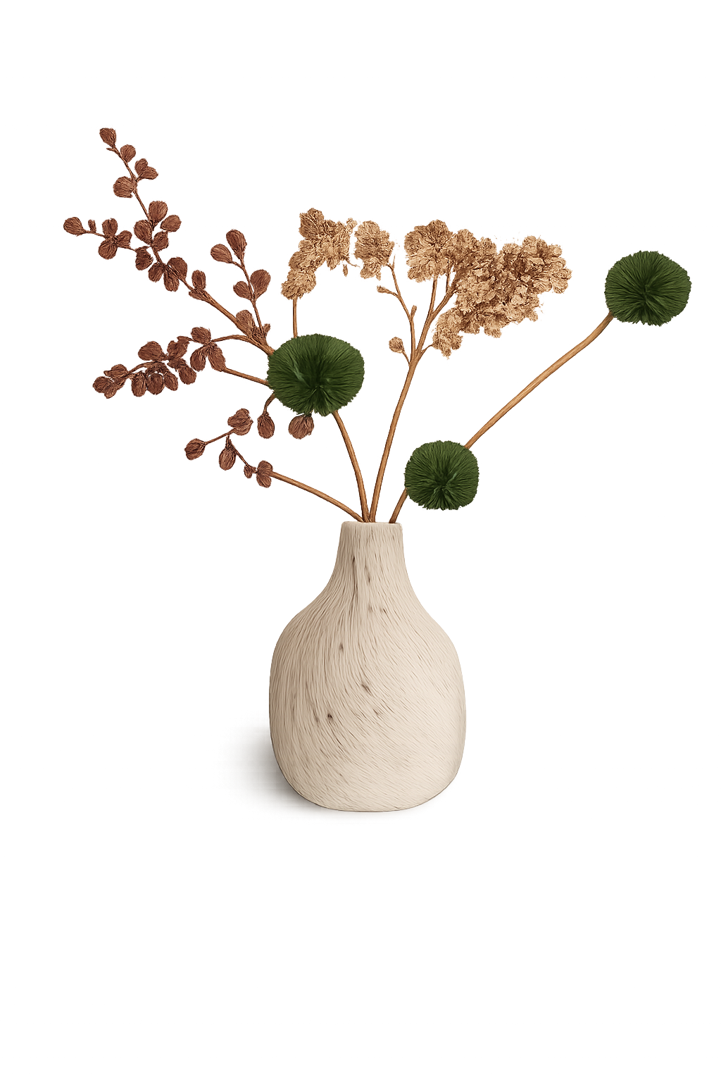 Blumen in einer weißen Vase, bestehend aus getrockneten braunen Zweigen, rosa Beeren und grünen kugelförmigen Blättern, auf einer neutralen Oberfläche vor einem hellen Hintergrund.