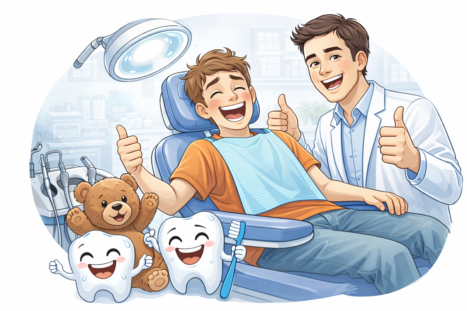 Ein Zahnarzt umarmt lachenden Jungen im Zahnarztstuhl, umgeben von fröhlichen, anthropomorphen Zähnen und einem Teddybären, in einer hellen, freundlichen Arztpraxis.