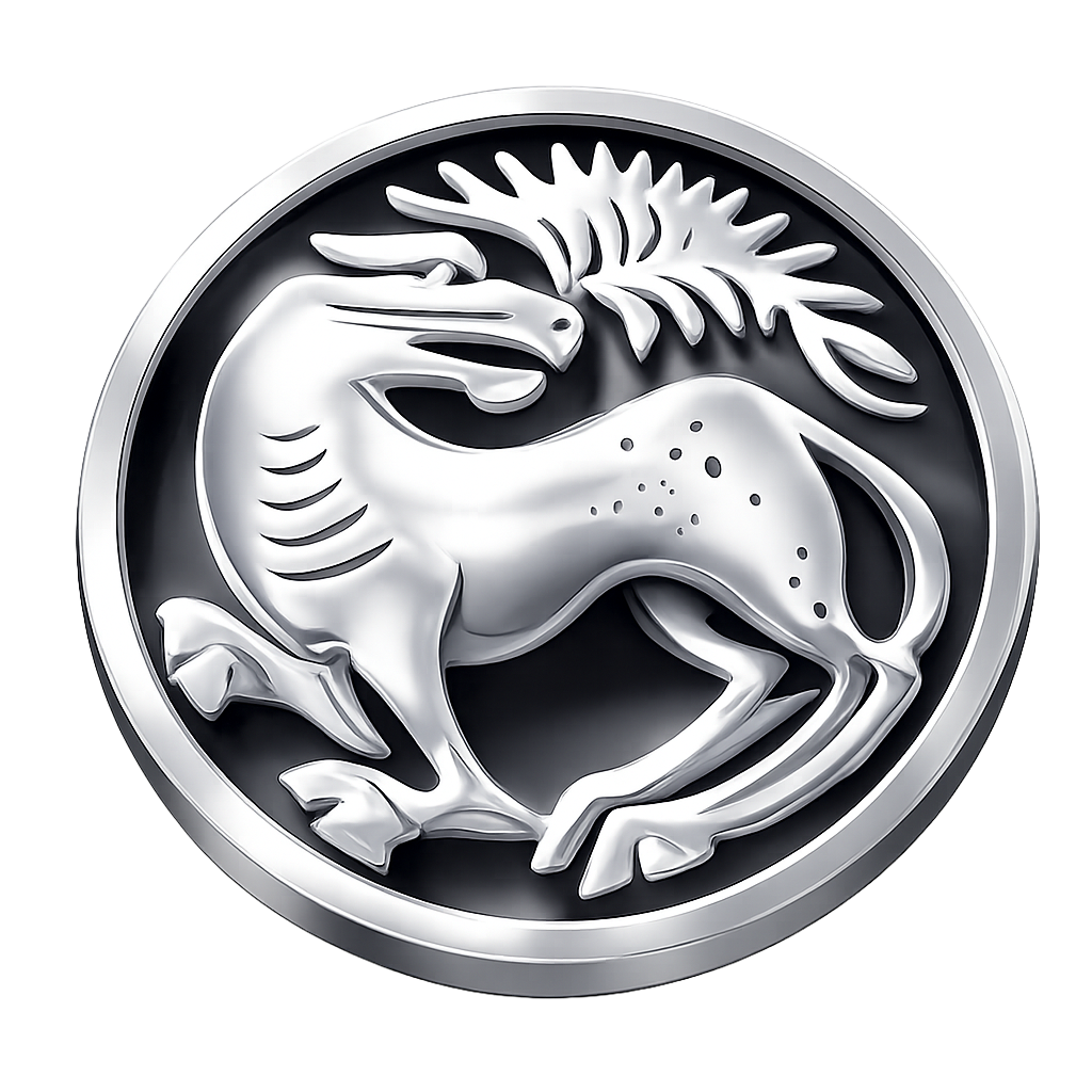 Silbernes Autologo mit einem stilisierten Drachen oder Wyvern in einem Kreis, vor einem schwarzen Hintergrund.