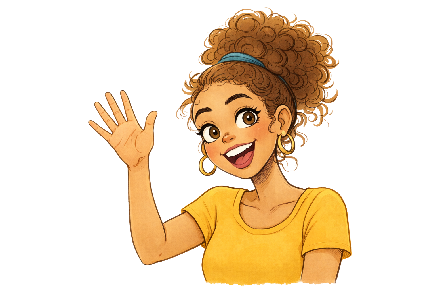 Eine lachende junge Frau mit großen braunen Augen, lockigem braunem Haar, das sie mit einem blauen Haarband zusammengebunden hat, trägt ein gelbes T-Shirt, goldene Ohrringe und winkt freundlich.
