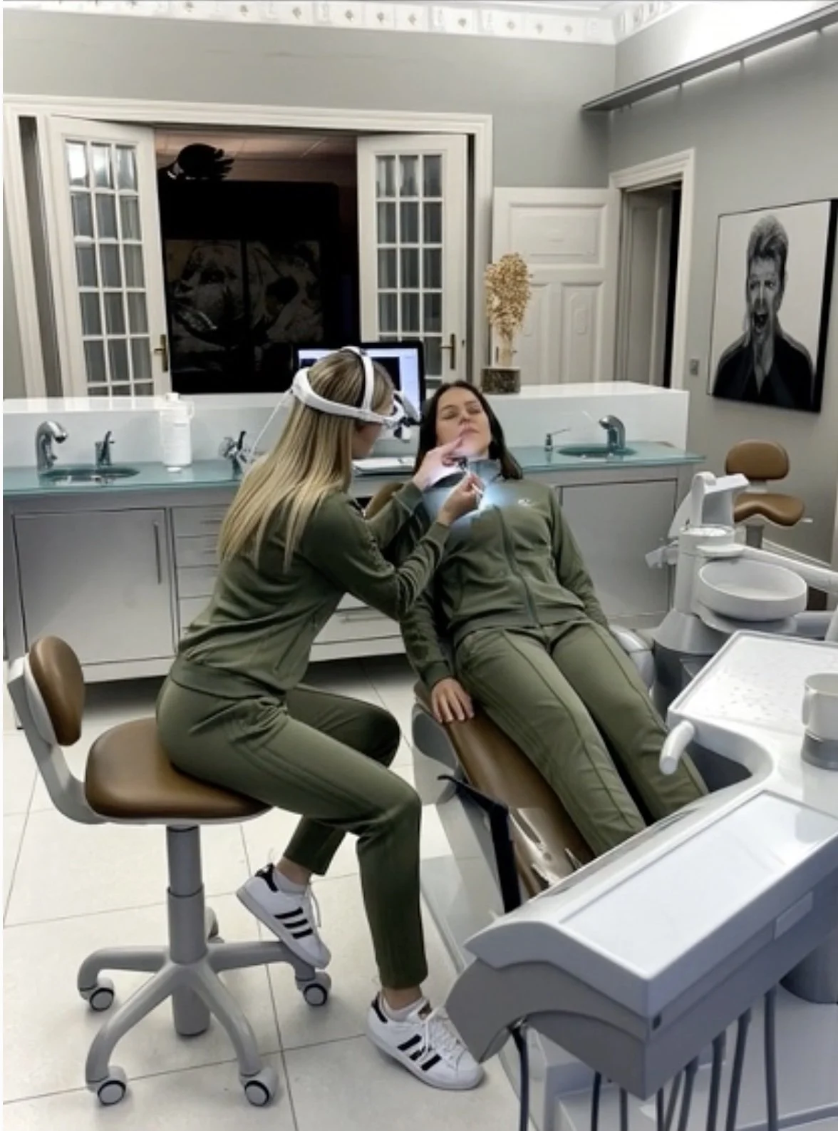 Zwei Frauen in einem Zahnarztzimmer, eine liegt in einer Behandlungsstuhl, die andere führt eine Zahnbehandlung durch, medizinische Geräte sind sichtbar.