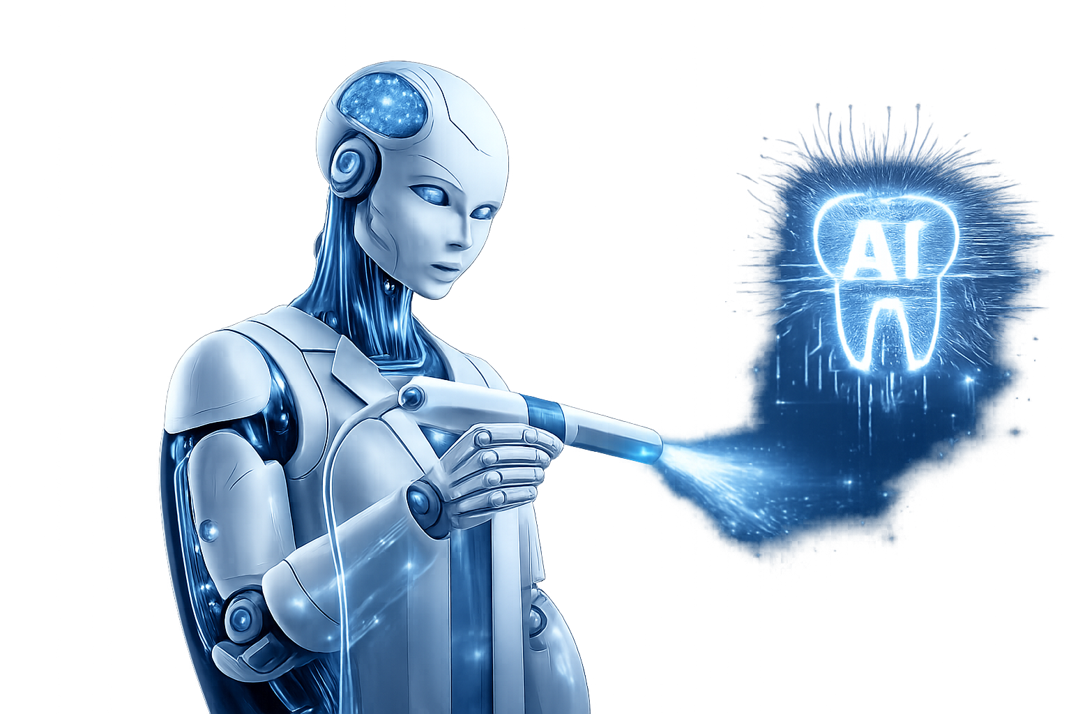 Ein humanoider Roboter mit einem leuchtenden Gehirn auf dem Kopf hält eine UV-Lampe und zeigt auf ein leuchtendes Zahnsymbol mit der Aufschrift 'AI' im Hintergrund.
