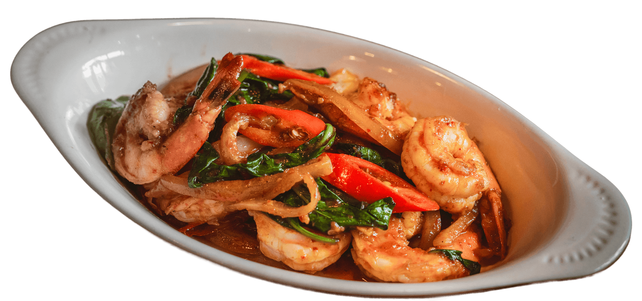 A plate of Wok Roasted Chili with shrimps, slices of chili and basil.