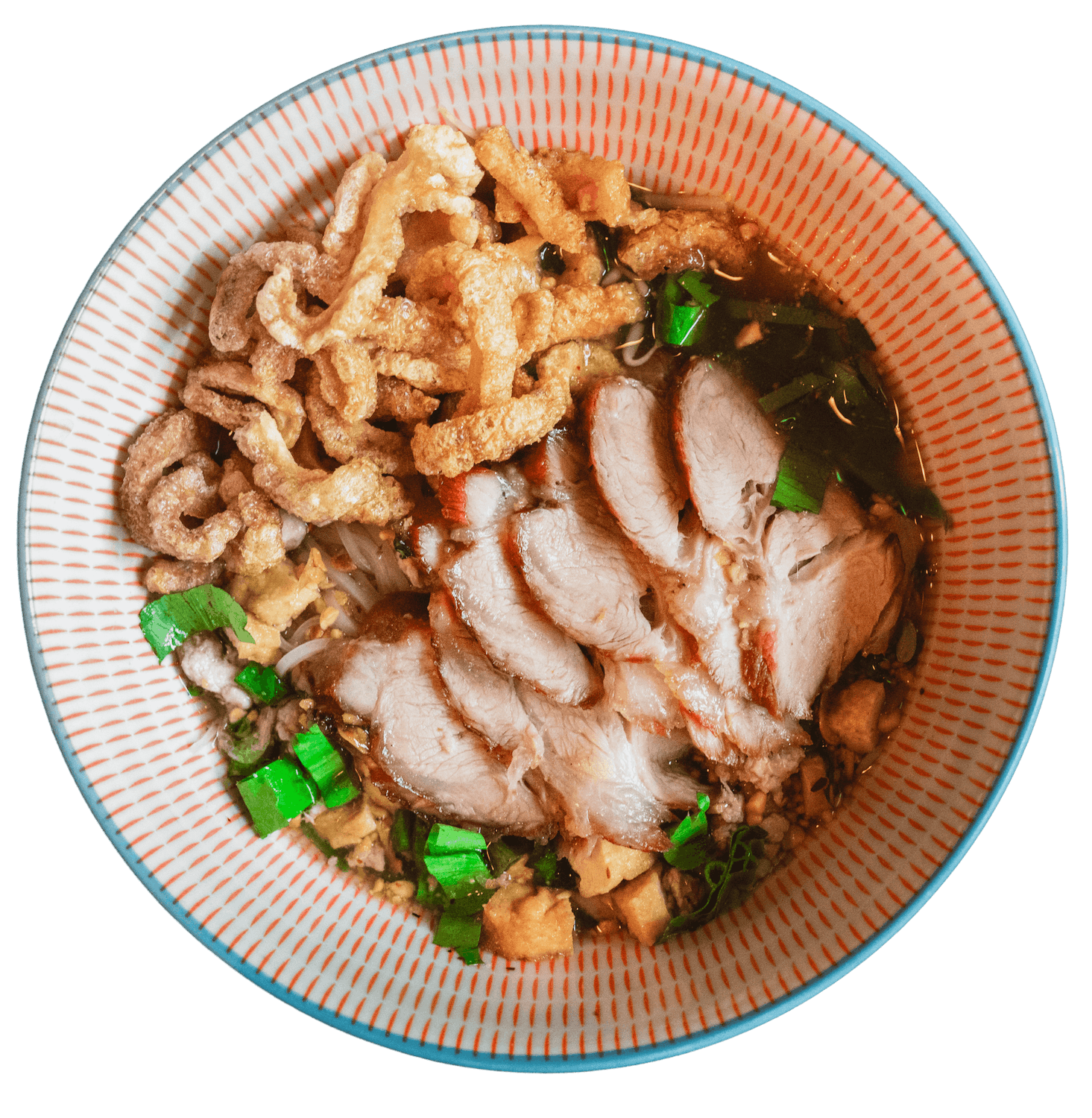 A bowl of Sukhothai Pork Noodle topped with peanut dried shrimp.