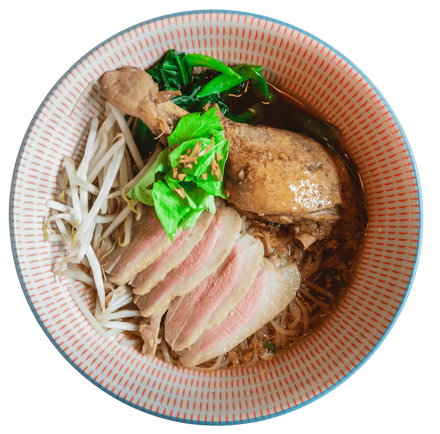 Nakorn Patom Duck Noodle in a patterned bowl with sliced braised duck, bean sprouts, and Asian broccoli in a five spice soy broth.