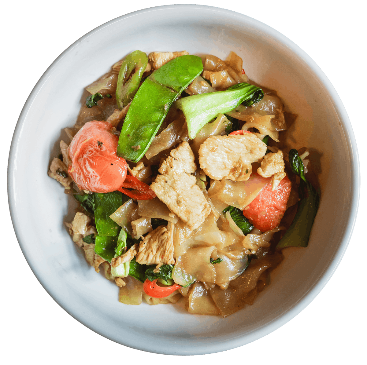 Stir-fried noodles with chicken, bok choy, tomato, and snow peas in a light sauce.