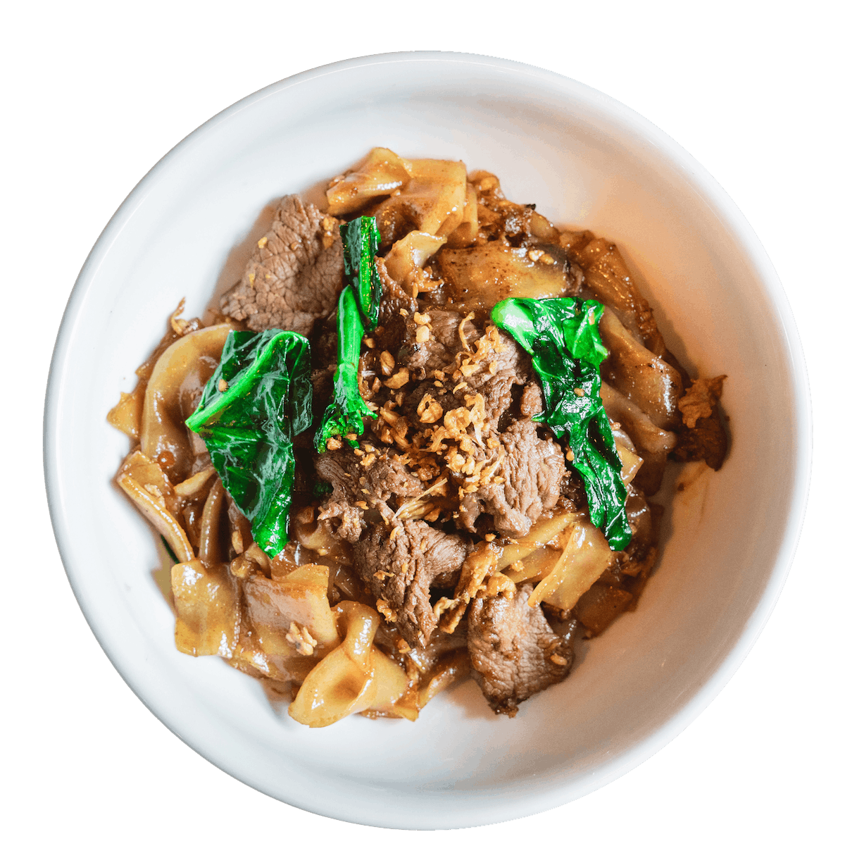 Pad See Ew with wide flat rice noodles, sliced beef, and Asian broccoli in a dark soy sauce, topped with crushed peanuts.