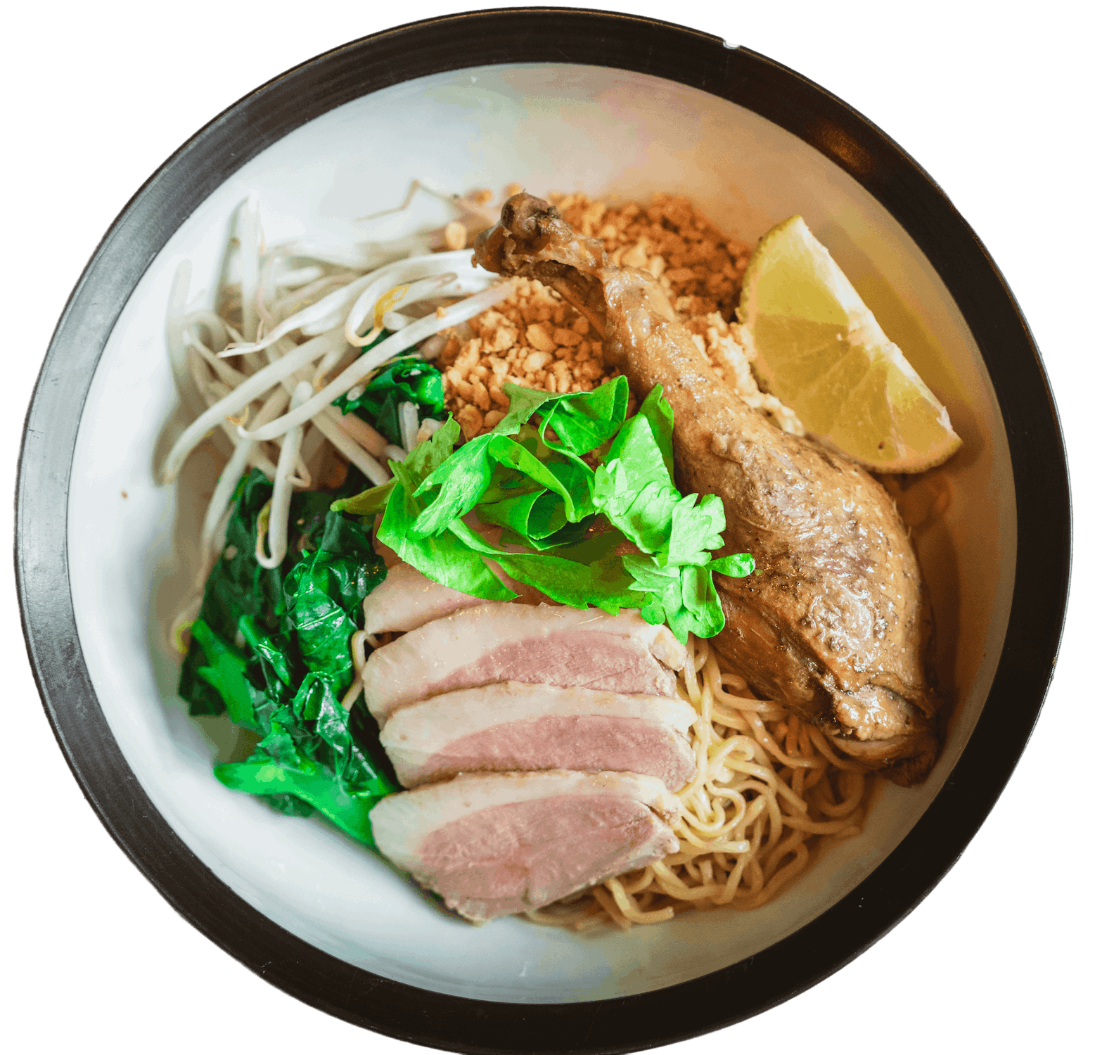 A bowl of Dry Nakhon Chai Si topped with a braised duck leg, duck breast and a slice of lime.