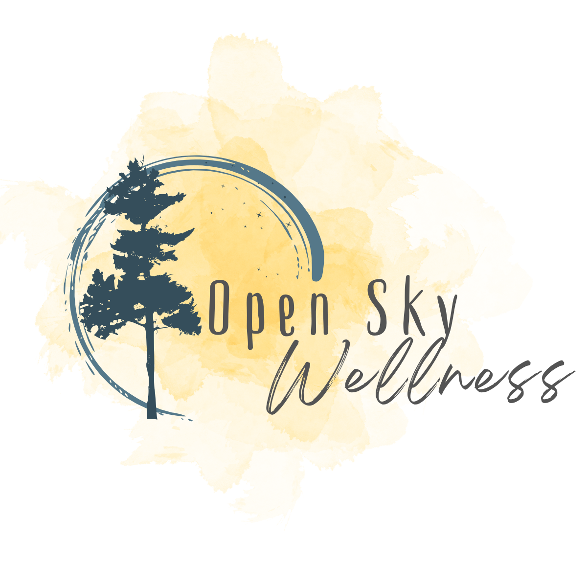 Logo featuring a pine tree with a circular design and the text 'Open Sky Wellness' in elegant fonts, set against a soft yellow watercolor background.