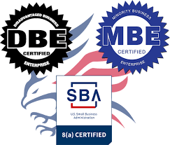 Certification logos for DBE, MBE, and SBA 8(a) for business certification.