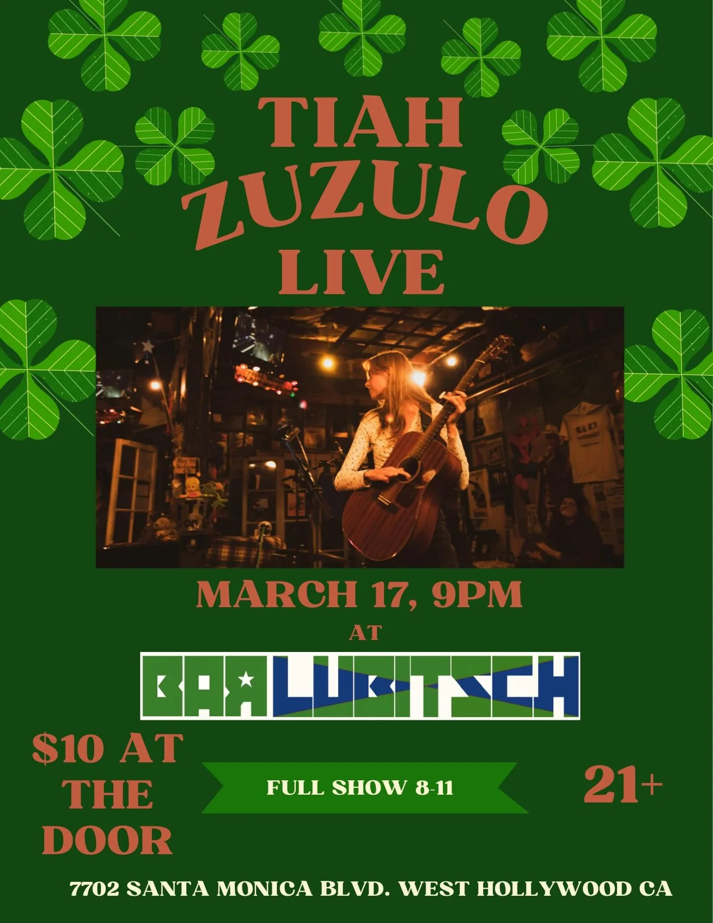 I am playing @barlubitsch in WeHo March 17!! Come celebrate St. Paddy&rsquo;s with some good tunes 🍀🤩 I&rsquo;ll be playing this song (swipe) and some other good ones you probably haven&rsquo;t heard yet 😉  Full show of amazing musicians from 8-11