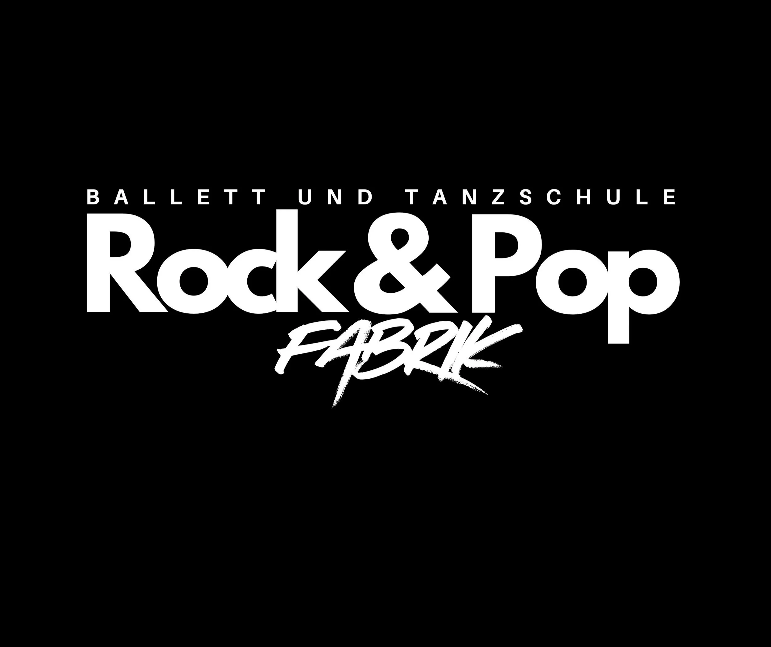 Logo mit weißer Schrift auf schwarzem Hintergrund mit dem Namen der Ballett und Tanzschule Rock und Pop Fabrik Iserlohn
