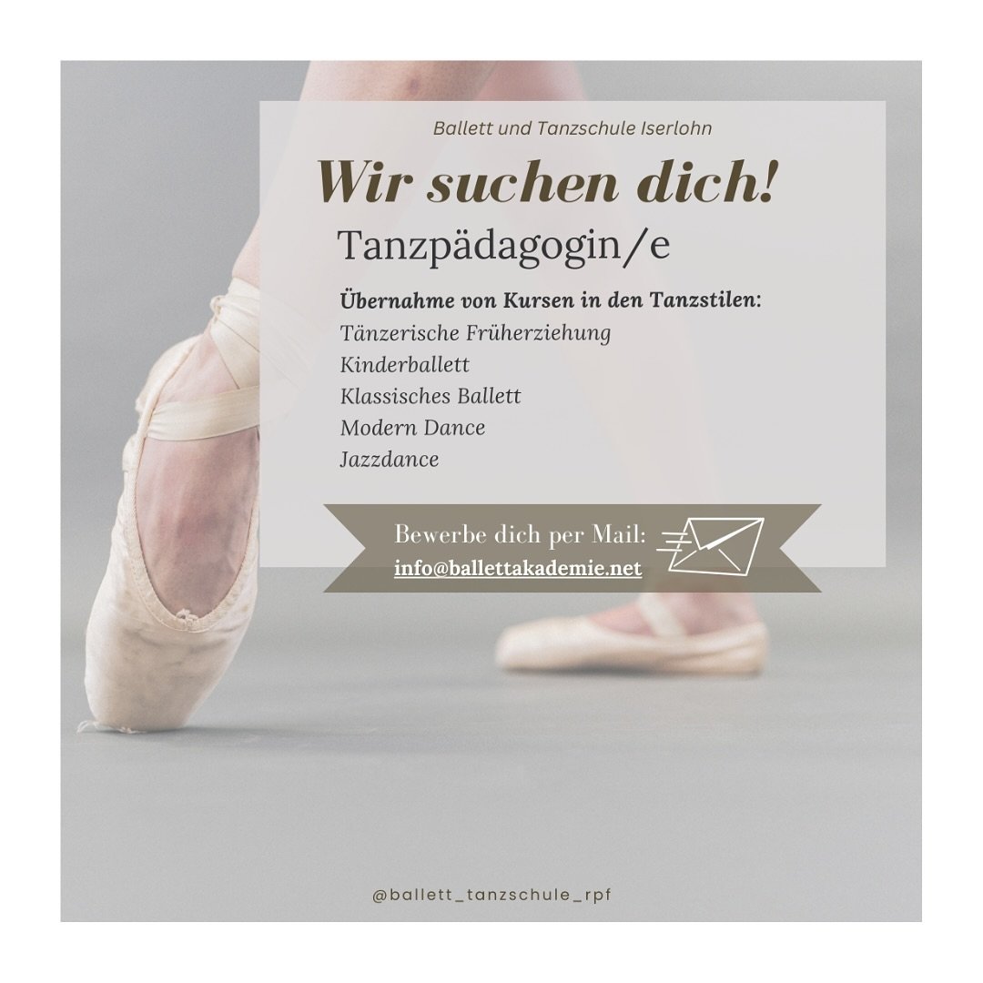 Tanzen ist unsere Leidenschaft, und wir suchen jemanden, der diese Leidenschaft teilt! Werde Teil unseres Teams als Tanzp&auml;dagoge/-p&auml;dagogin und bringe unsere Sch&uuml;ler in den Stilen T&auml;nzerische Fr&uuml;herziehung, Kinderballett, Kla