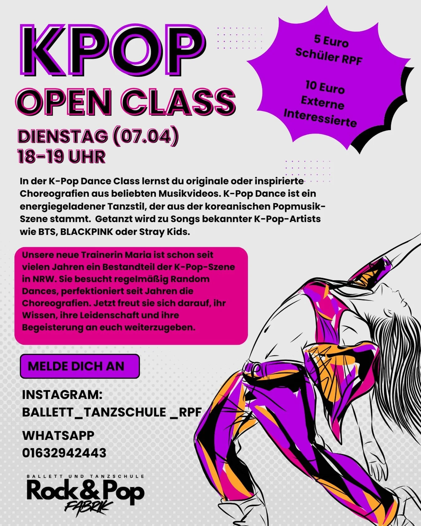 🚨KPOP OPEN CLASS (07.04)
Oft wurde sie sich gew&uuml;nscht, und jetzt k&ouml;nnen wir sie euch endlich anbieten: K-Pop Open Class!
Meldet euch jetzt an!