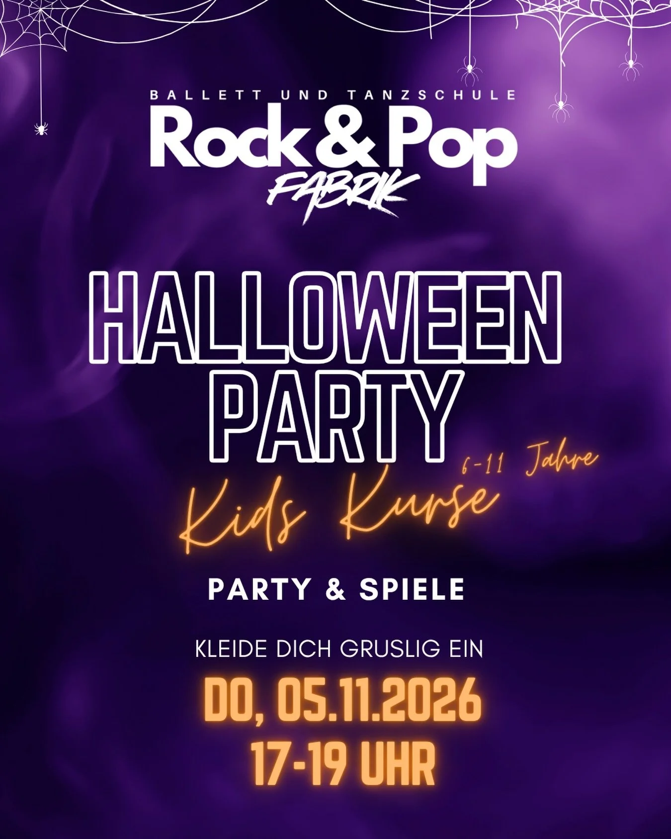 🎃 HALLOWEEN-PARTY 👻

Wir feiern Halloween mit unseren Kids! 🕸️
Alle Kinder von 6 bis 11 Jahren sind eingeladen &ndash; aus jedem unserer Kids Kurse, egal ob sie bei uns Hip Hop, Commercial, Ballett, Jazz oder in einen anderen Kurs tanzen.

Also Ko
